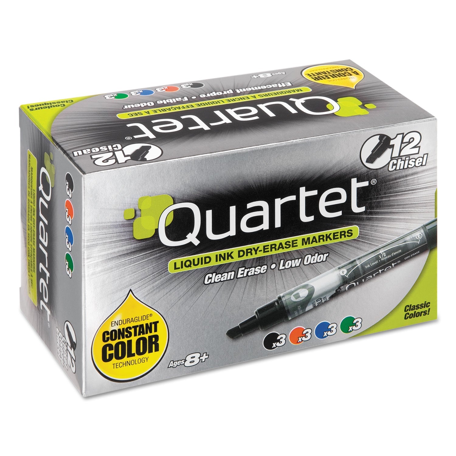 Quartet® Enduraglide Dry Erase Marker, Broad Chisel Tip, Four Assorted Colors, 12/set