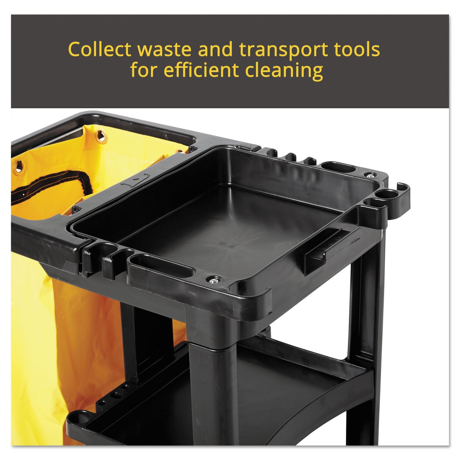 Rubbermaid® Commercial Multi-Shelf Cleaning Cart, Plastic, 4 Shelves, 1 Bin, 20" x 45" x 38.25", Black
