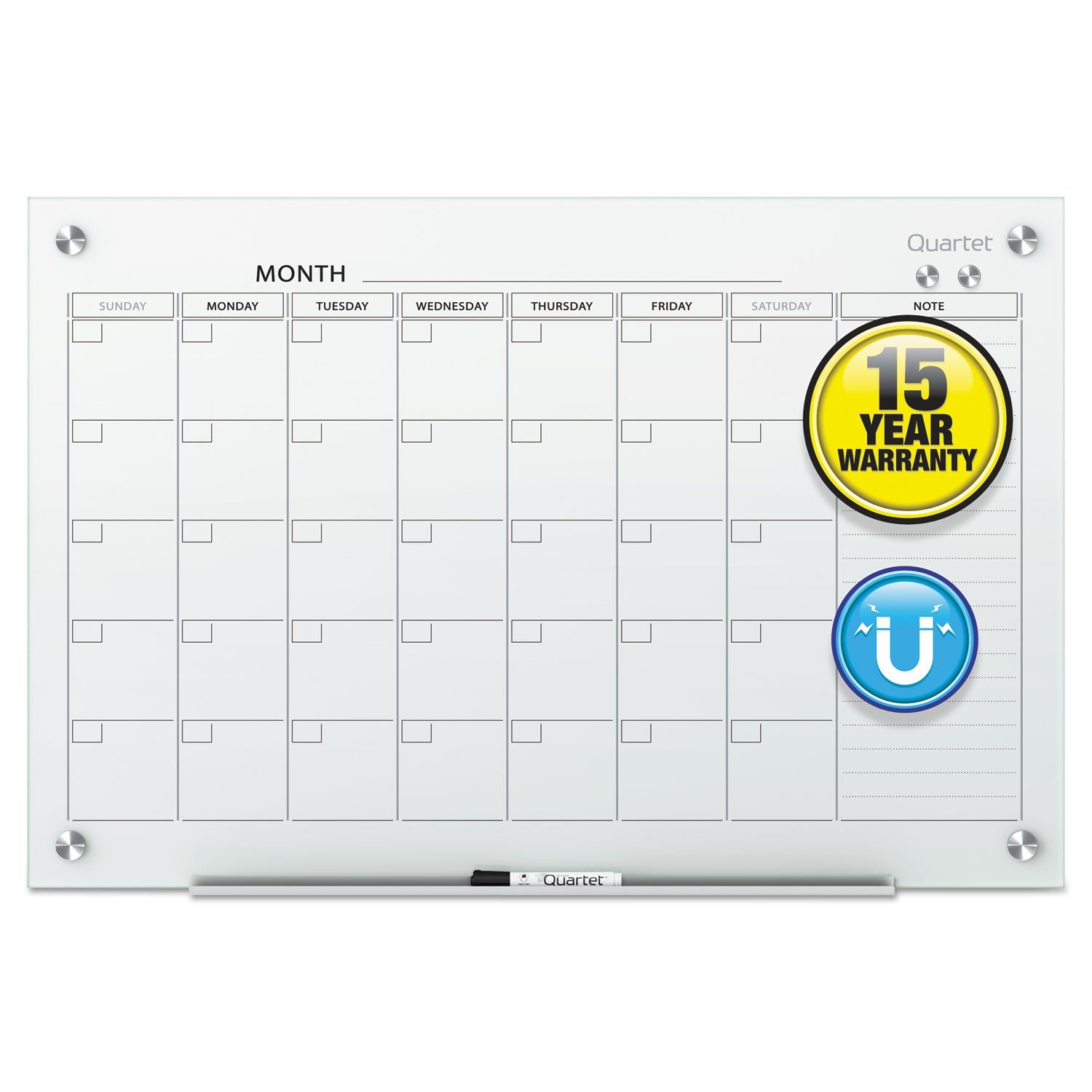 Quartet® Infinity Magnetic Glass Calendar Board, Monthly Planning/Scheduling, 48" x 36", White Surface