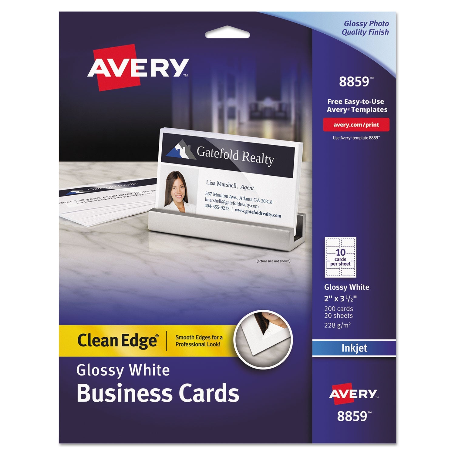 Avery® True Print Clean Edge Business Cards, Inkjet, 2 X 3.5, Glossy White, 200 Cards, 10 Cards Sheet, 20 Sheets/pack
