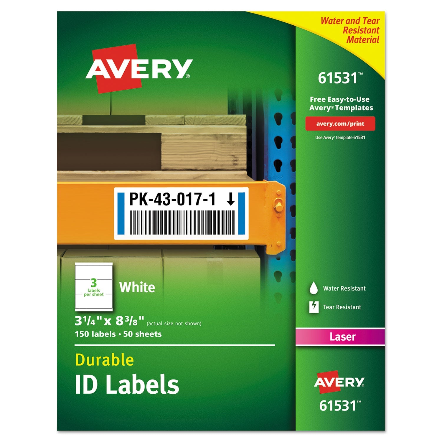 Avery® Durable Permanent Id Labels With Trueblock Technology, Laser Printers, 3.25 X 8.38, White, 3/sheet, 50 Sheets/pack