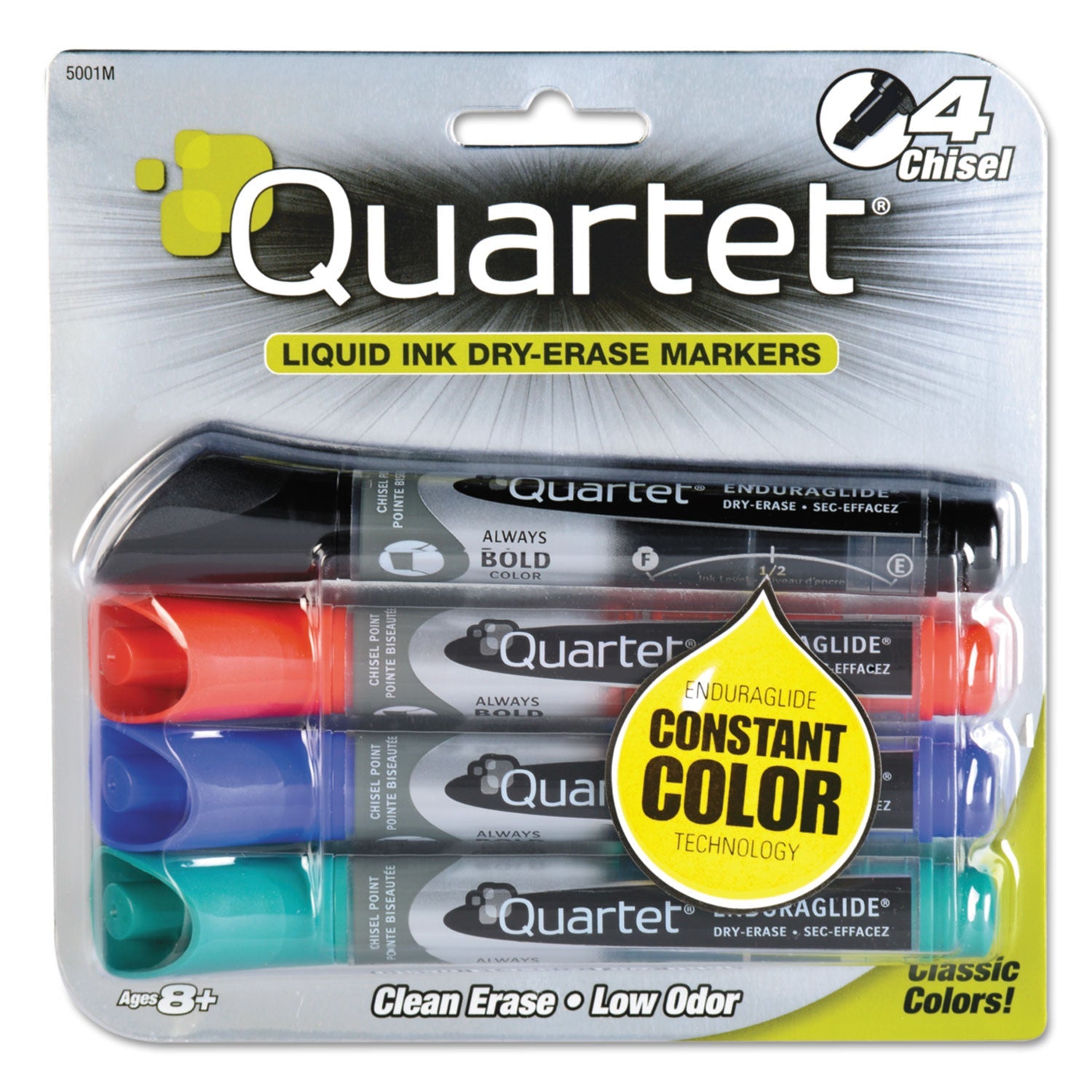 Quartet® Enduraglide Dry Erase Marker, Broad Chisel Tip, Assorted Colors, 4/set