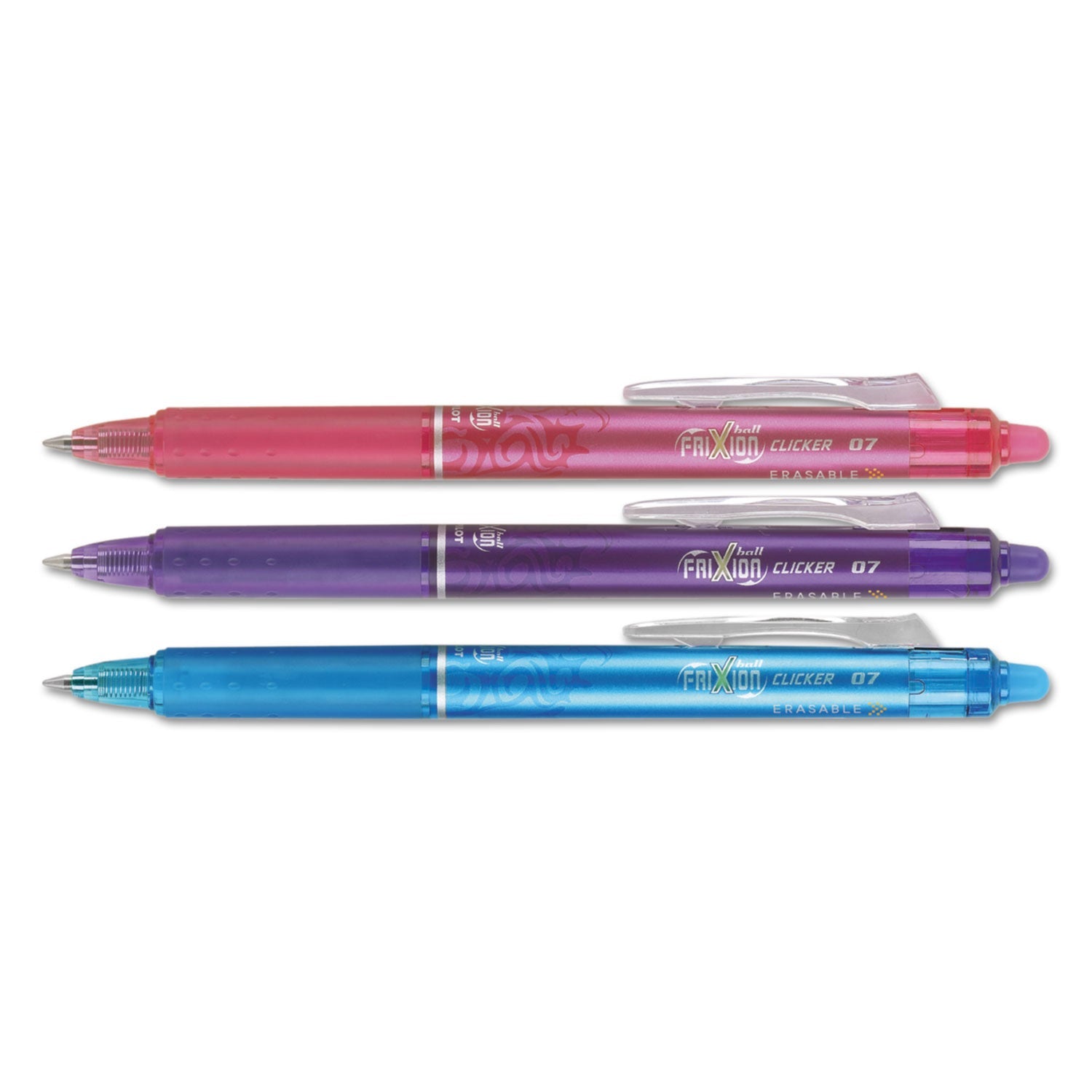 Pilot® FriXion Clicker Erasable Gel Pen, Retractable, Fine 0.7 mm, Assorted Ink and Barrel Colors, 3/Pack