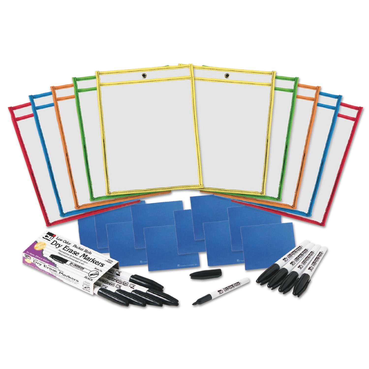 Charles Leonard® Dry Erase Pocket Class Pack, 10.5  x 1.5, Assorted Primary Colors, 10/Pack