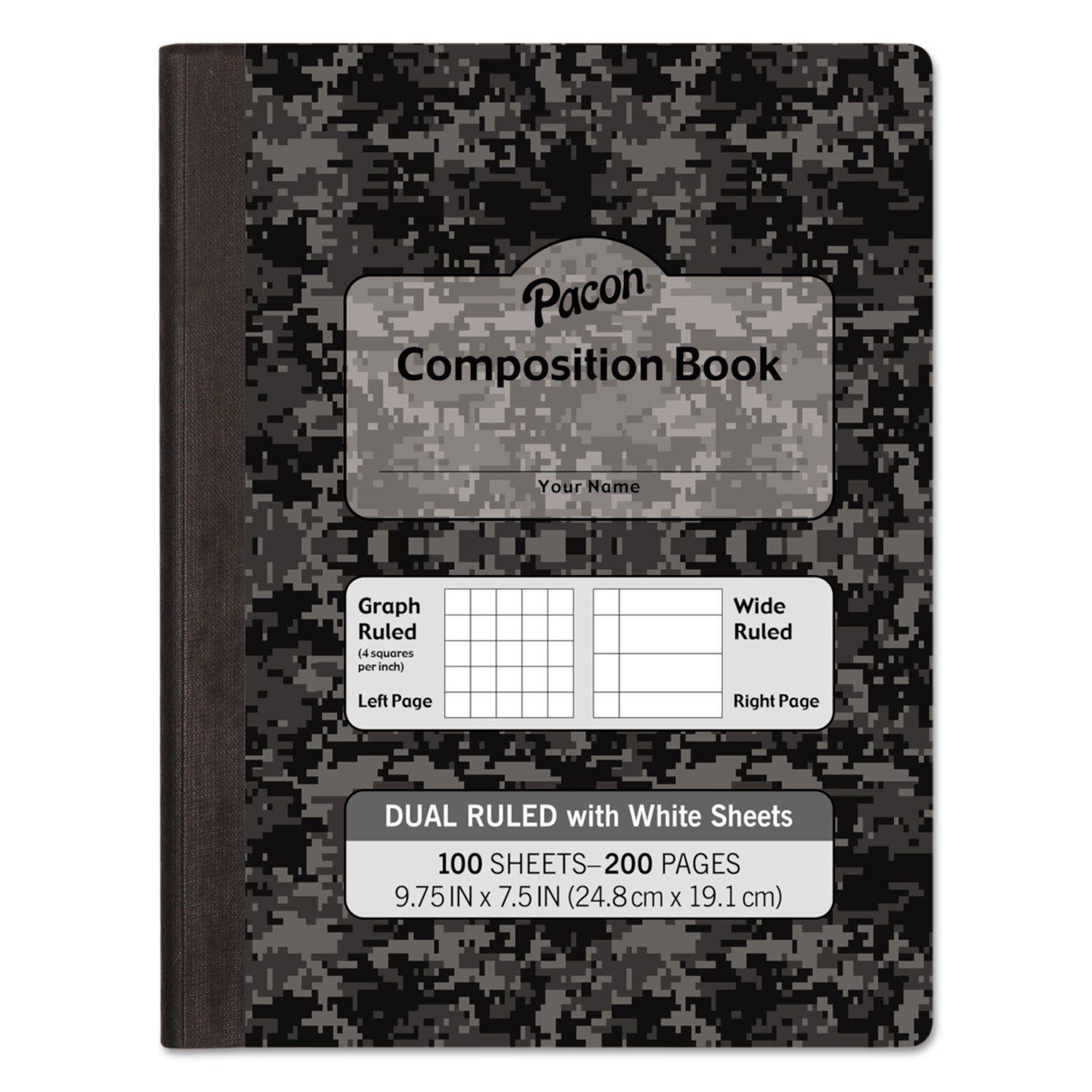 Pacon® Composition Book, 20 lb Bond Weight Sheets, Wide/Legal Rule, Black Cover, (100) 9.75 x 7.5 Sheets