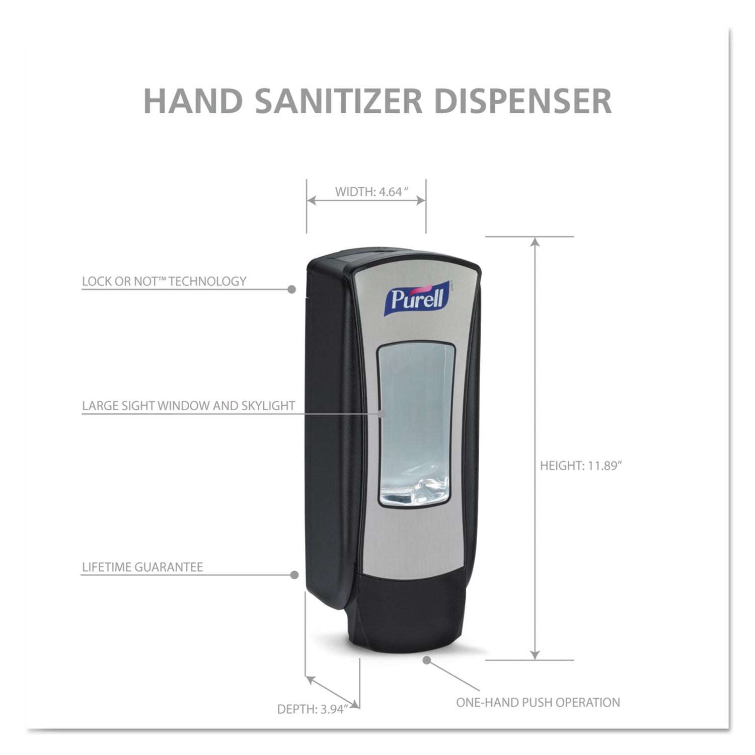 PURELL® ADX-12 Dispenser, 1,200 mL, 4.5 x 4 x 11.25, Chrome/Black, 6/Carton
