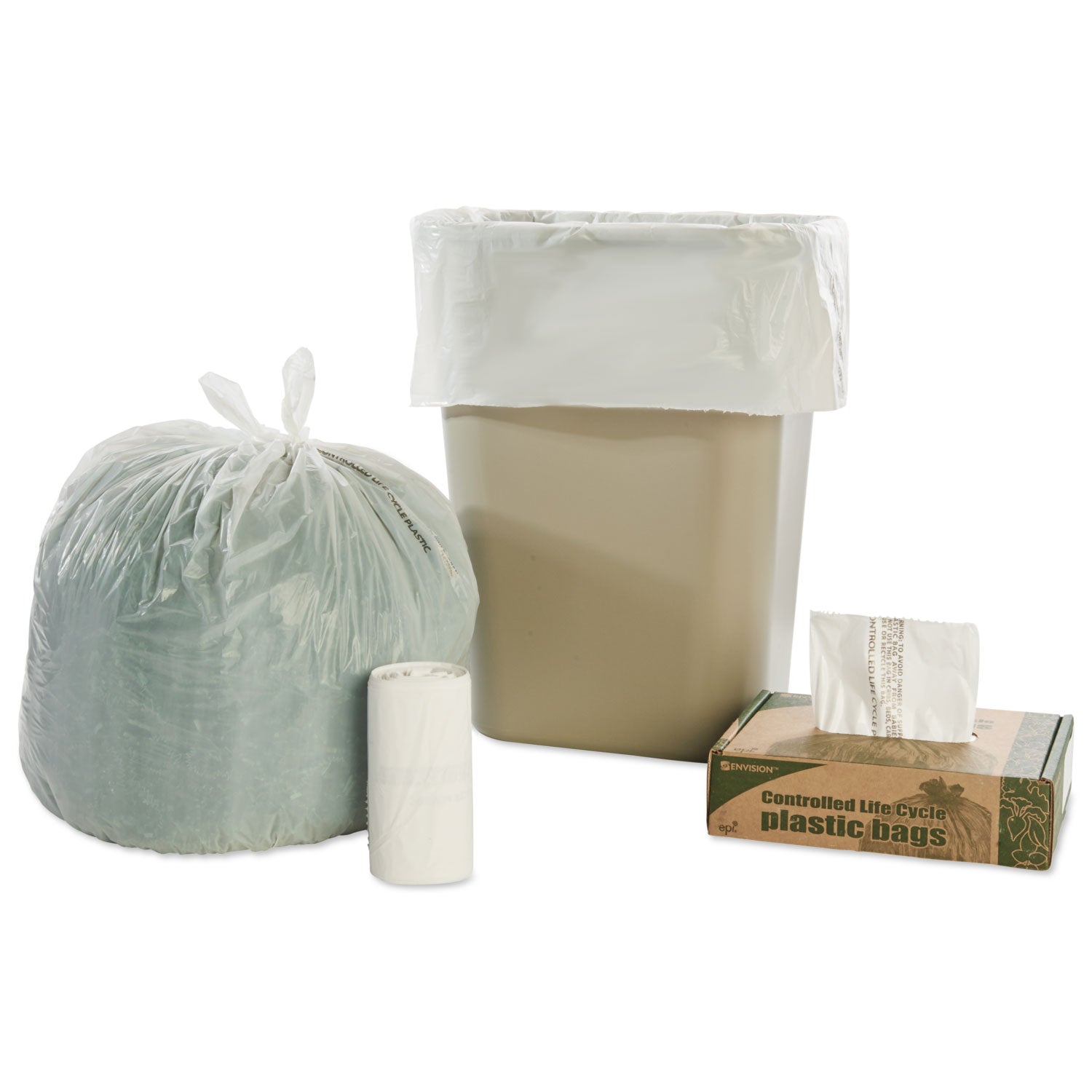 Stout® by Envision™ Controlled Life-Cycle Plastic Trash Bags, 13 Gal, 0.7 Mil, 24" X 30", White, 120/box