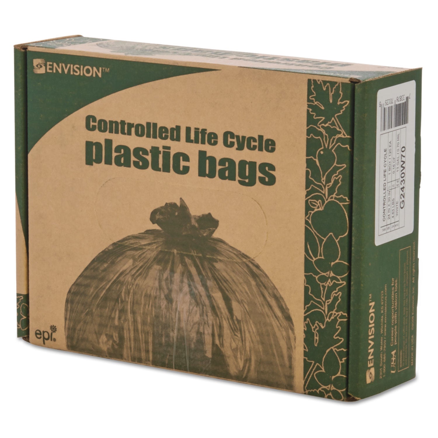 Stout® by Envision™ Controlled Life-Cycle Plastic Trash Bags, 13 Gal, 0.7 Mil, 24" X 30", White, 120/box