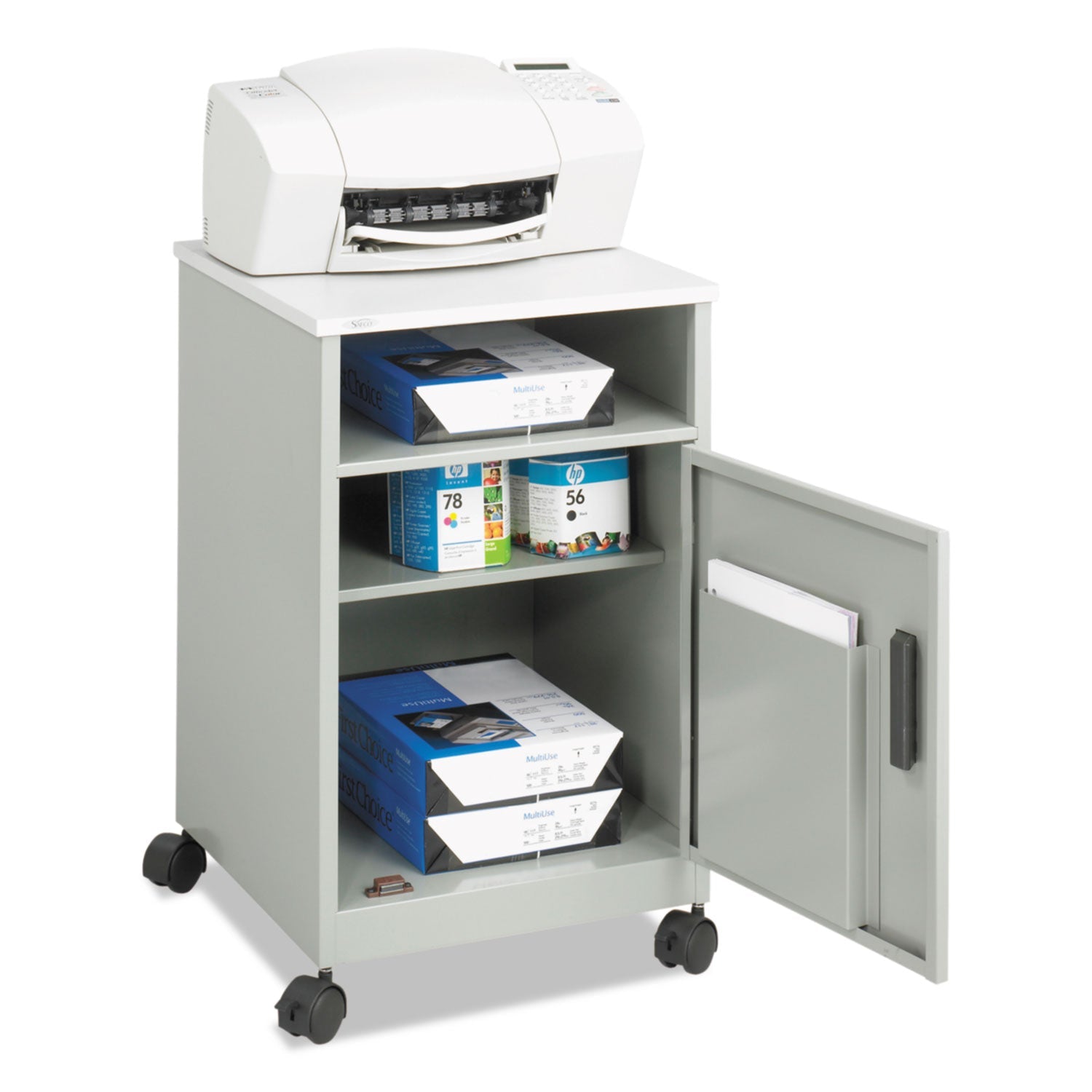 Safco® Steel Machine Stand with Open Storage Compartment, Wood, 4 Shelves, 1 Bin, 15.25 x 17.25 x 27.25, Gray