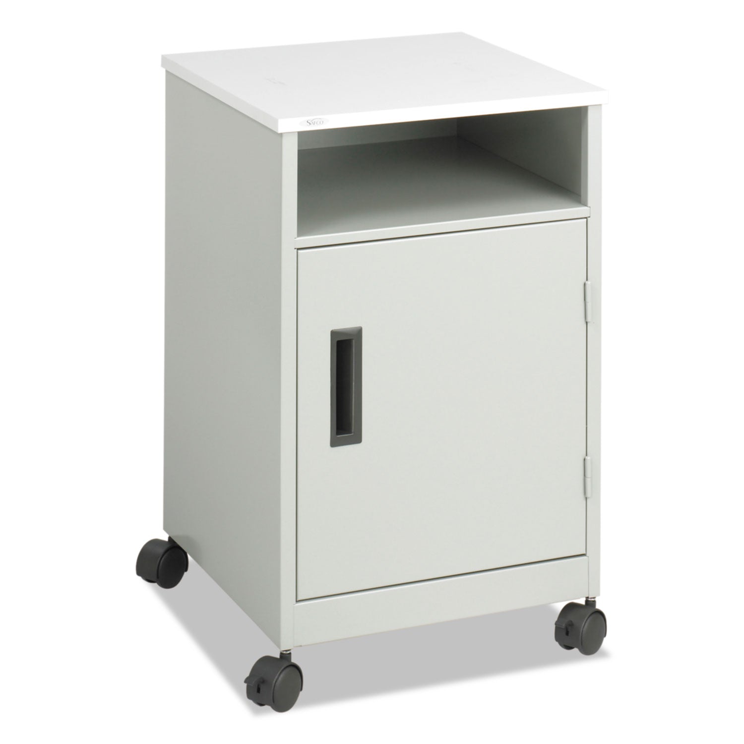 Safco® Steel Machine Stand with Open Storage Compartment, Wood, 4 Shelves, 1 Bin, 15.25 x 17.25 x 27.25, Gray