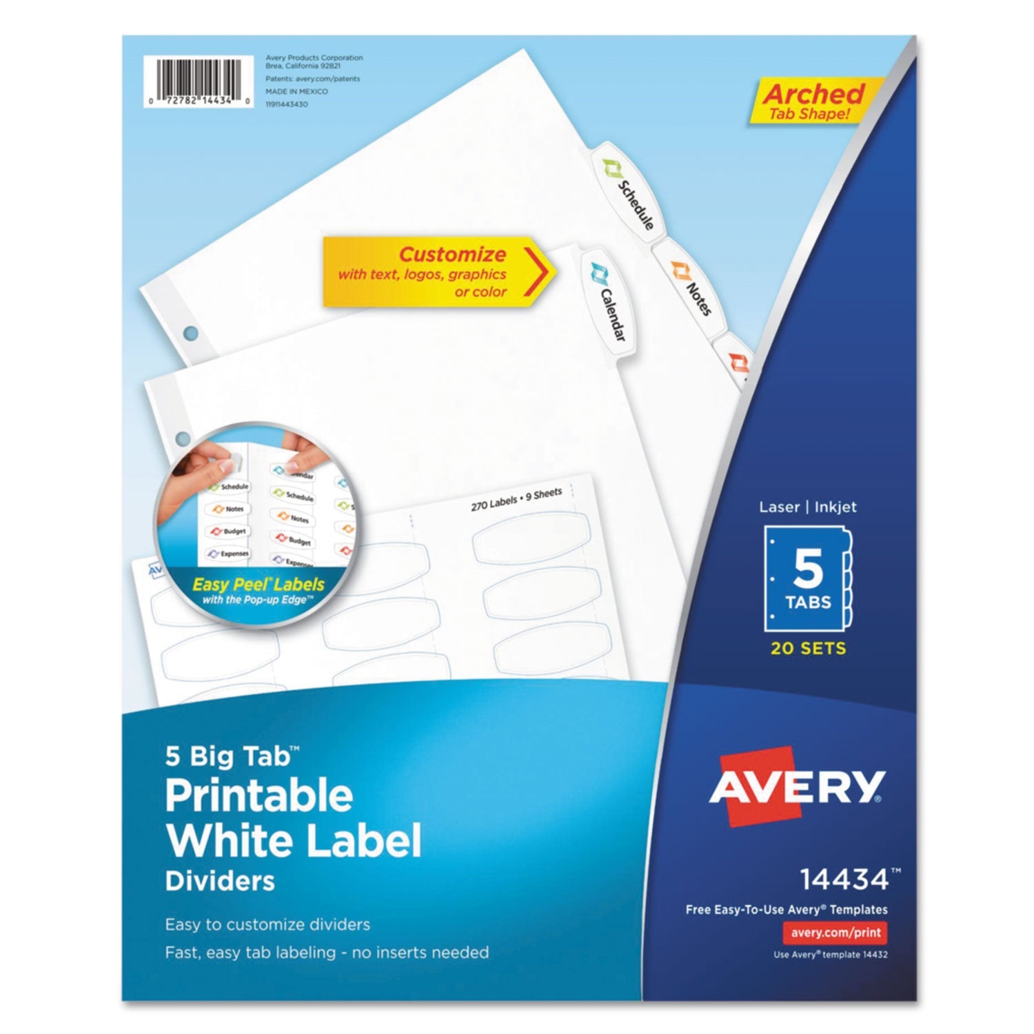 Avery® Big Tab Printable White Label Tab Dividers, 5-Tab, 11 x 8.5, White, 20 Sets