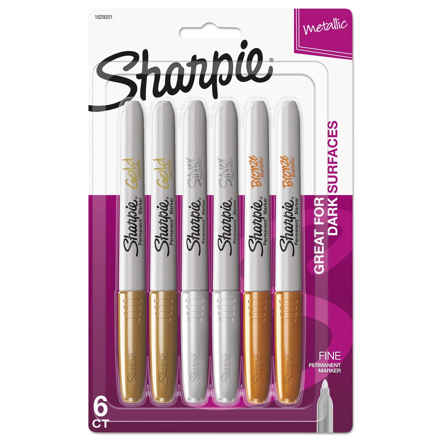 Sharpie® Metallic Fine Point Permanent Markers, Fine Bullet Tip, Gold-Silver-Bronze, 6/pack