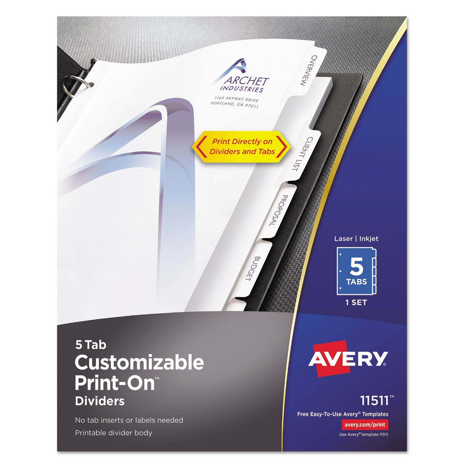 Avery® Customizable Print-On Dividers, 3-Hole Punched, 5-Tab, 11 x 8.5, White, 1 Set