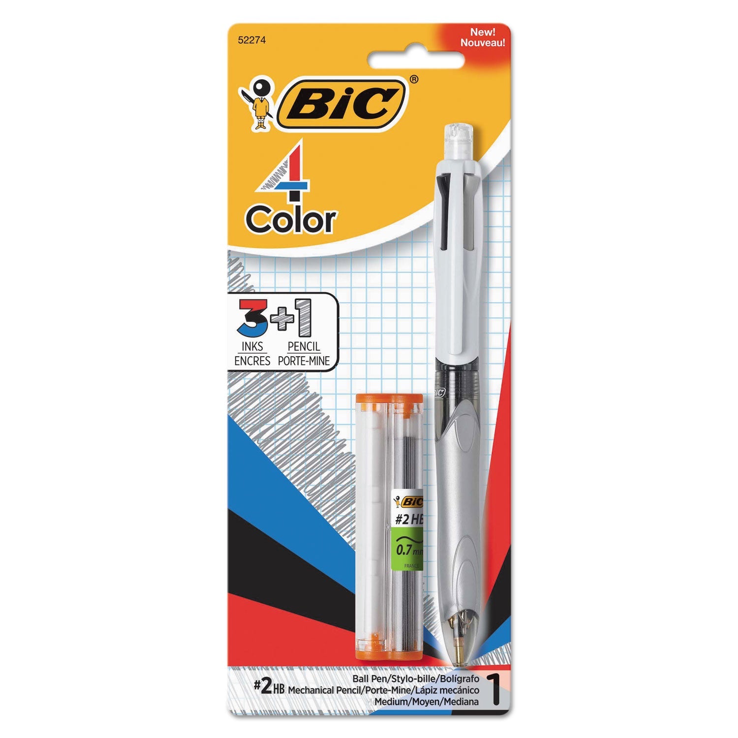 BIC® 4-Color 3 + 1 Ballpoint Pen/Pencil, Retractable, Medium 1 mm Pen/0.7 mm Pencil, Black/Blue/Red Ink, Gray/White Barrel