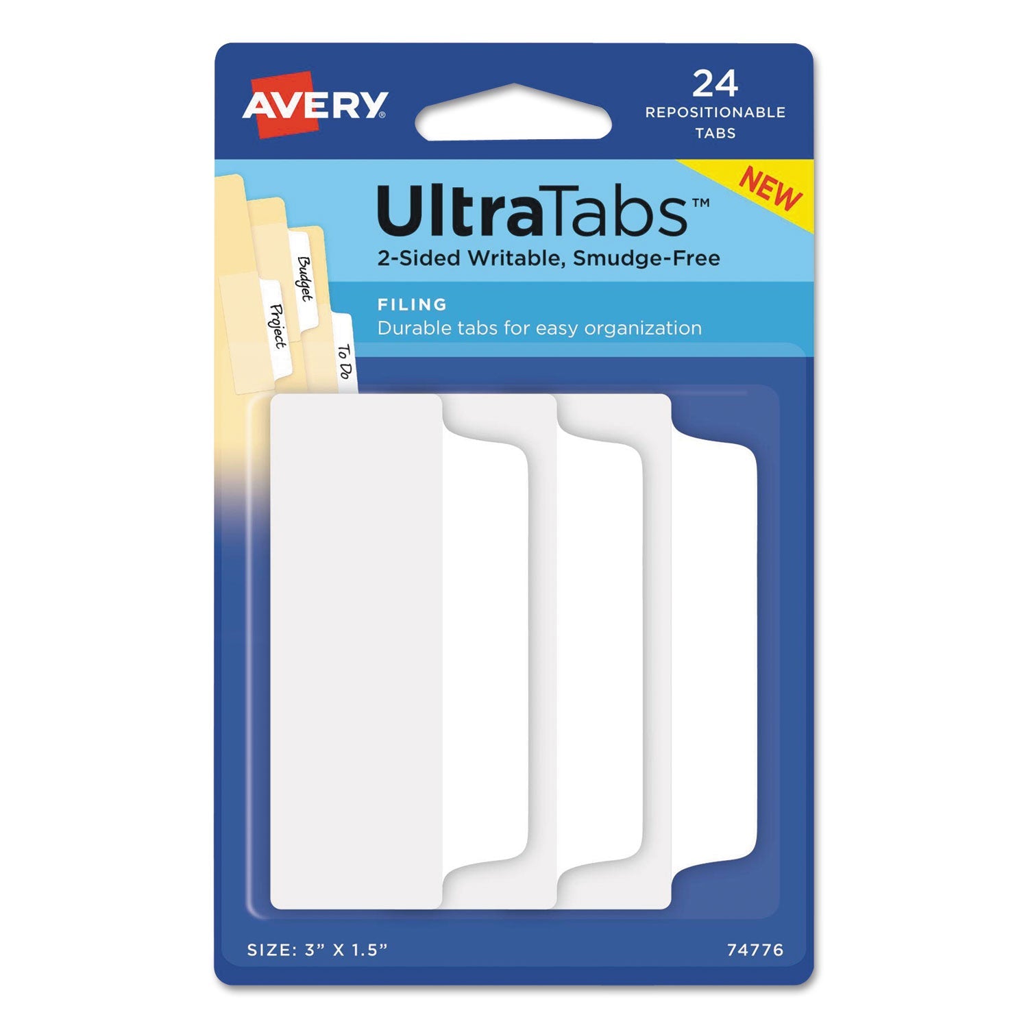 Avery® Ultra Tabs Repositionable Tabs, Wide and Slim: 3" x 1.5", 1/3-Cut, White, 24/Pack