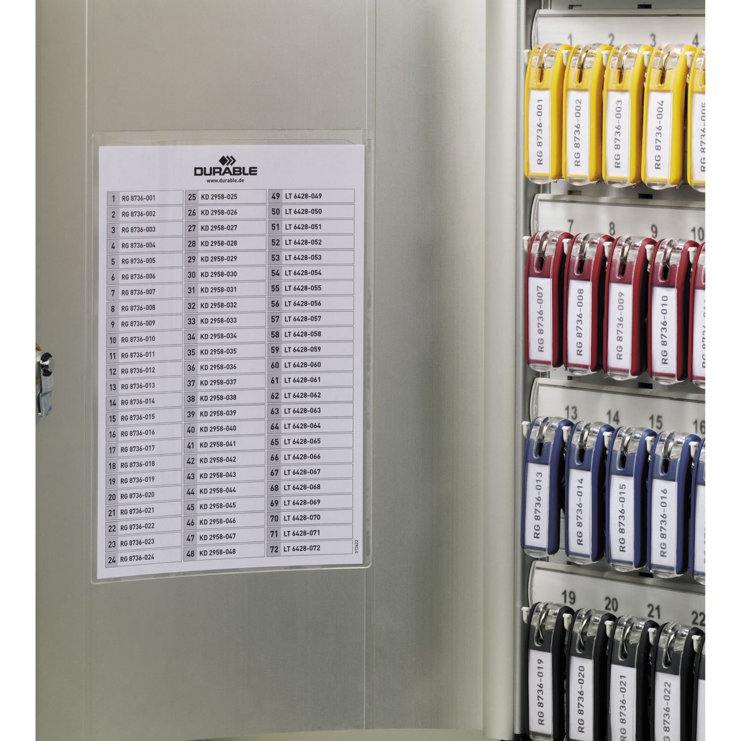 Durable® Locking Key Cabinet, 72-Key, Brushed Aluminum, Silver, 11.75 x 4.63 x 15.75