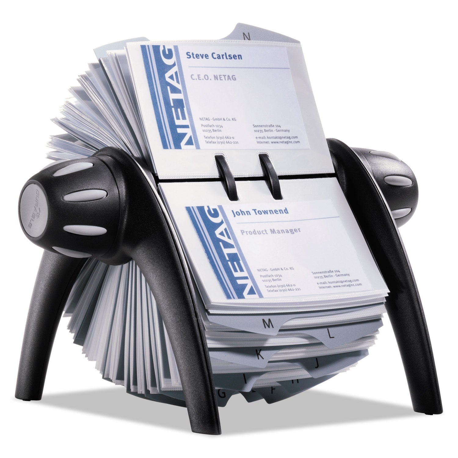 Durable® Visifix Flip Rotary Business Card File, Holds 400 2.88 X 4.13 Cards, 8.75 X 7.13 X 8.06, Plastic, Black/silver