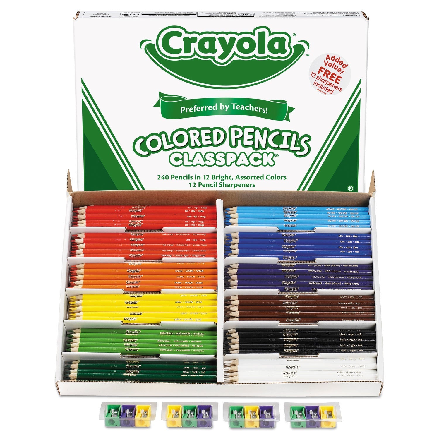 Crayola® Color Pencil Classpack Set with (240) Pencils and (12) Pencil Sharpeners, 3.3 mm, 2B, Assorted Lead and Barrel Colors, 240/BX
