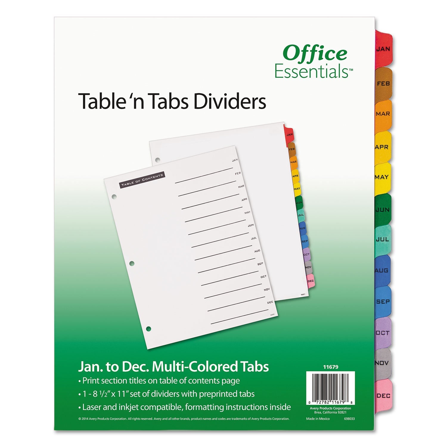 Office Essentials™ Table 'n Tabs Dividers, 12-Tab, Jan. to Dec., 11 x 8.5, White, Assorted Tabs, 1 Set