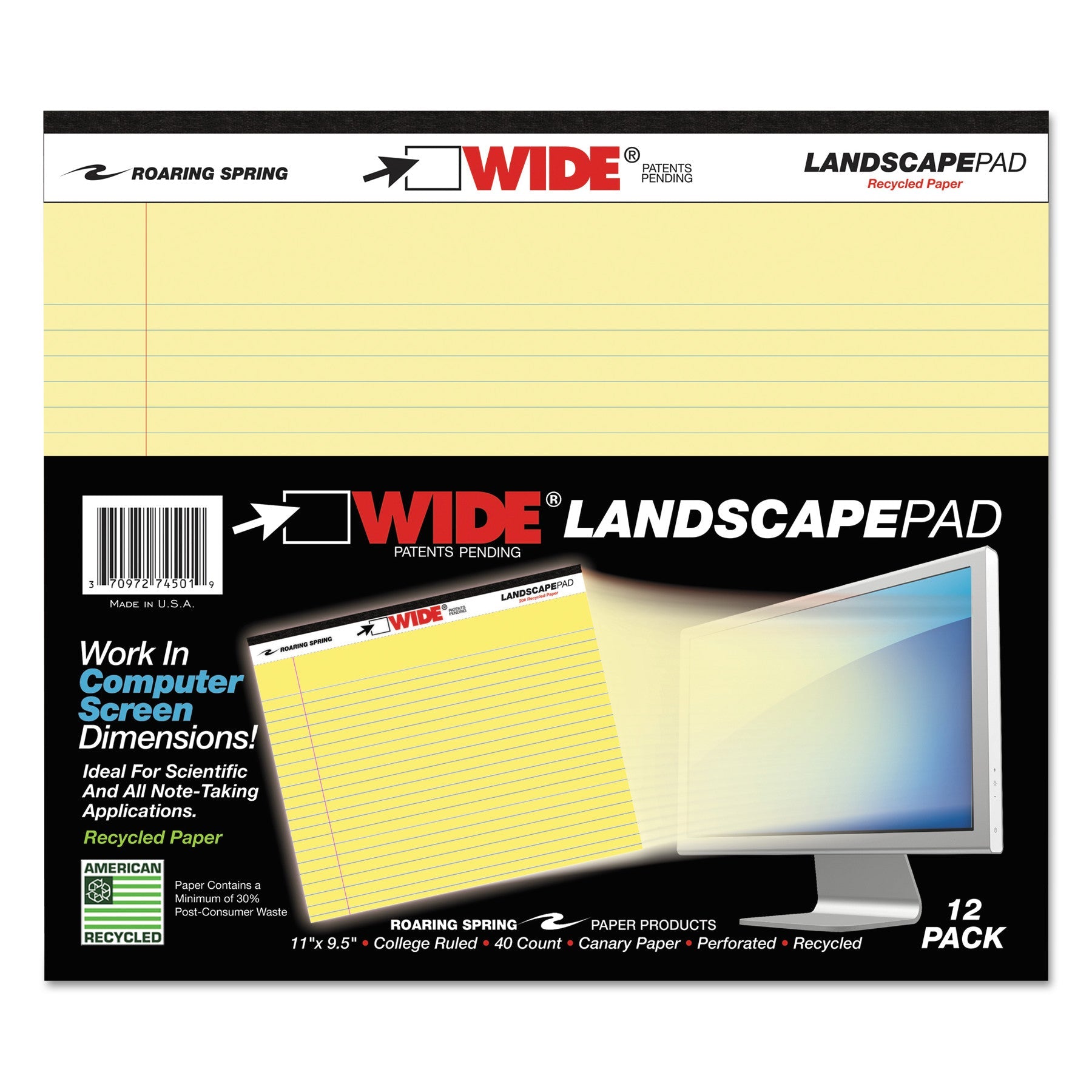 Roaring Spring® Wide Landscape Format Writing Pad, Unpunched With Standard Back, Medium/college Rule, 40 Canary-Yellow 11 X 9.5 Sheets