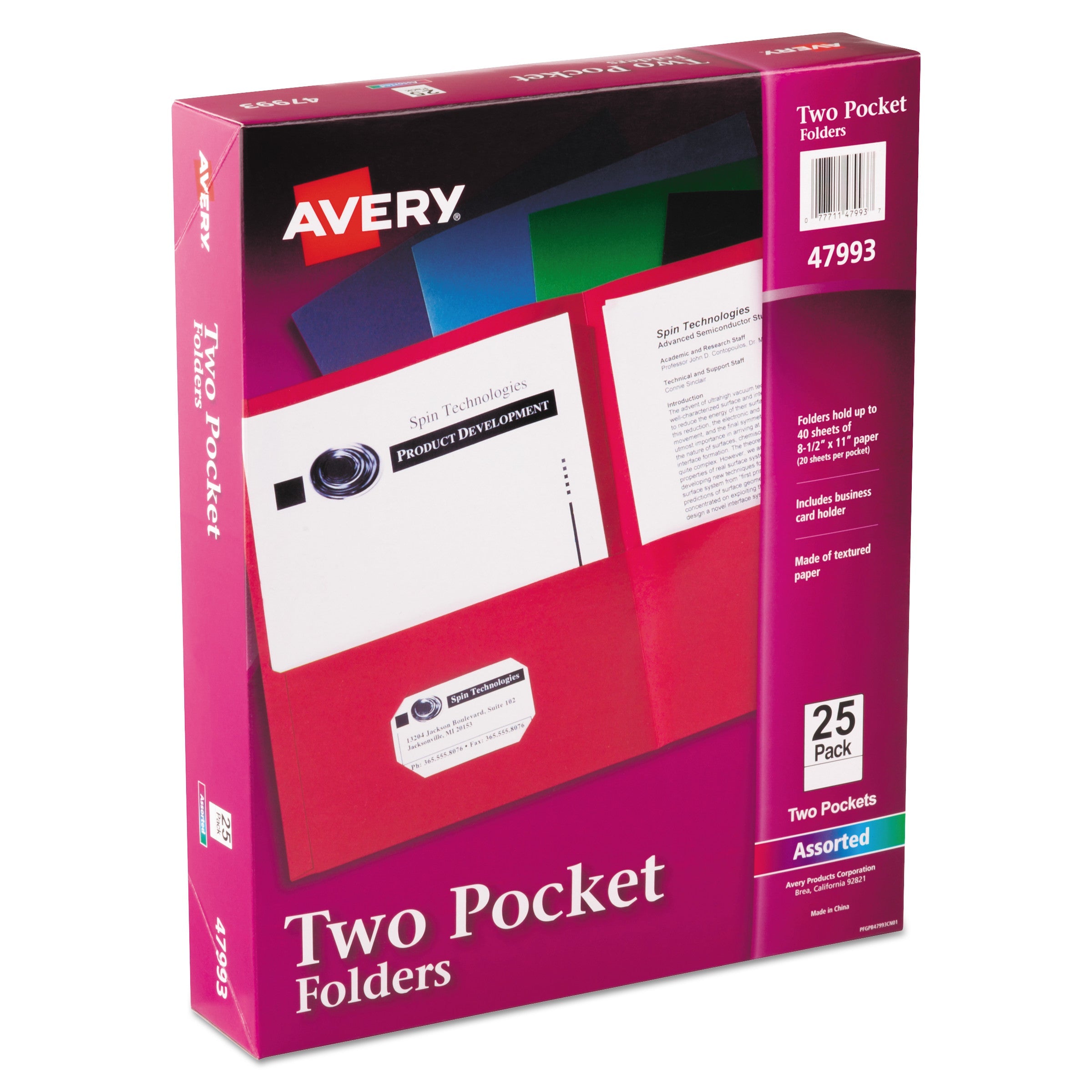 Avery® Two-Pocket Folder, 40-Sheet Capacity, 11 X 8.5, Assorted Colors, 25/box