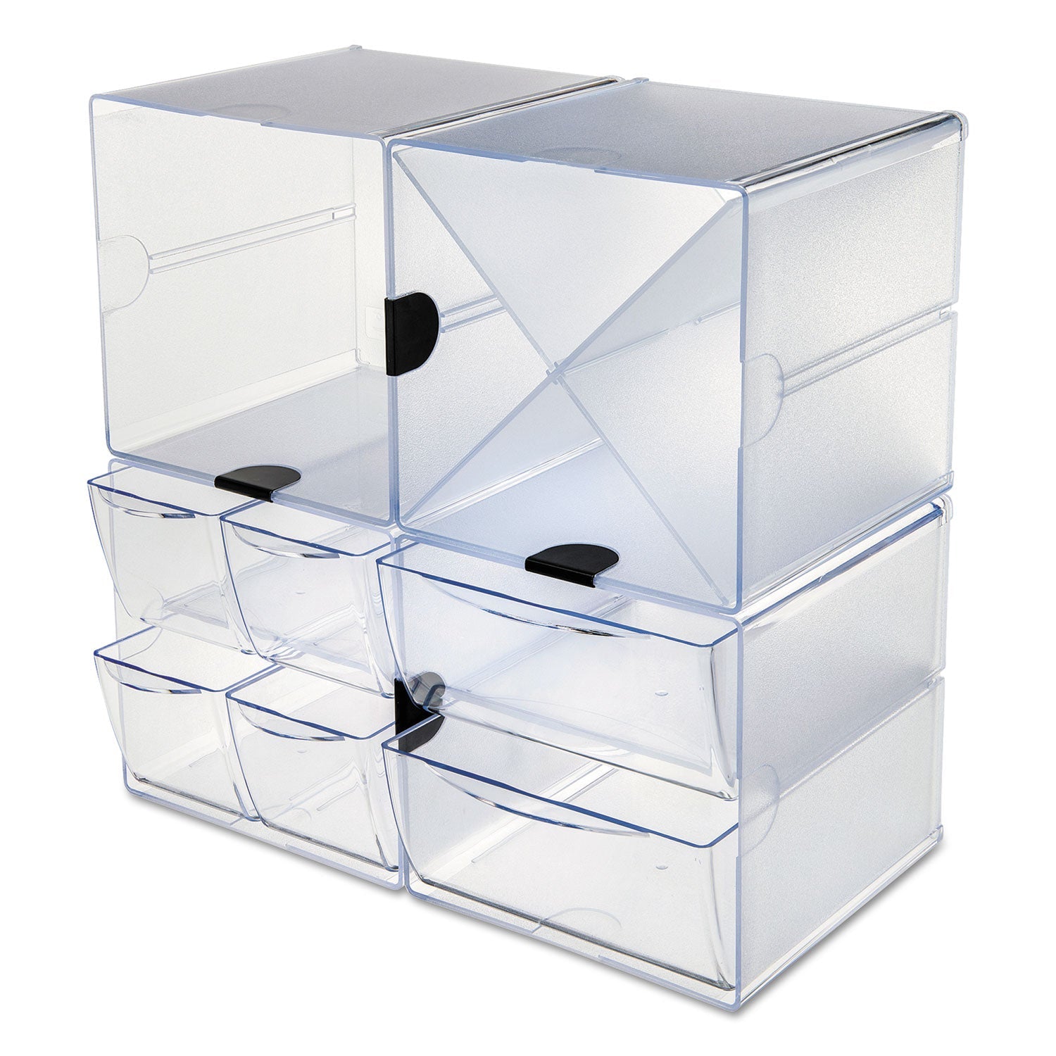 deflecto® Stackable Cube Organizer, 4 Compartments, 4 Drawers, Plastic, 6 x 7.2 x 6, Clear