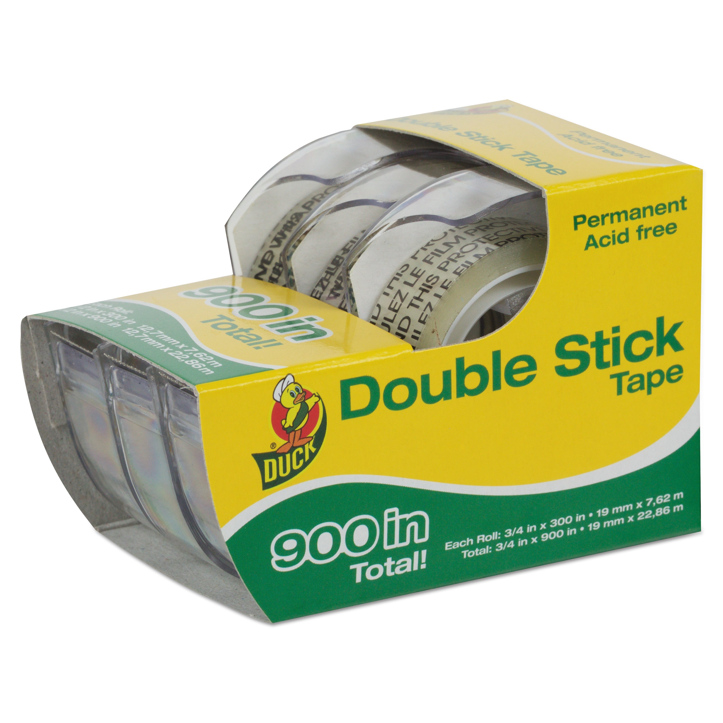 Duck® Permanent Double-Stick Tape With Dispenser, 1" Core, 0.5" X 25 Ft, Clear, 3/pack