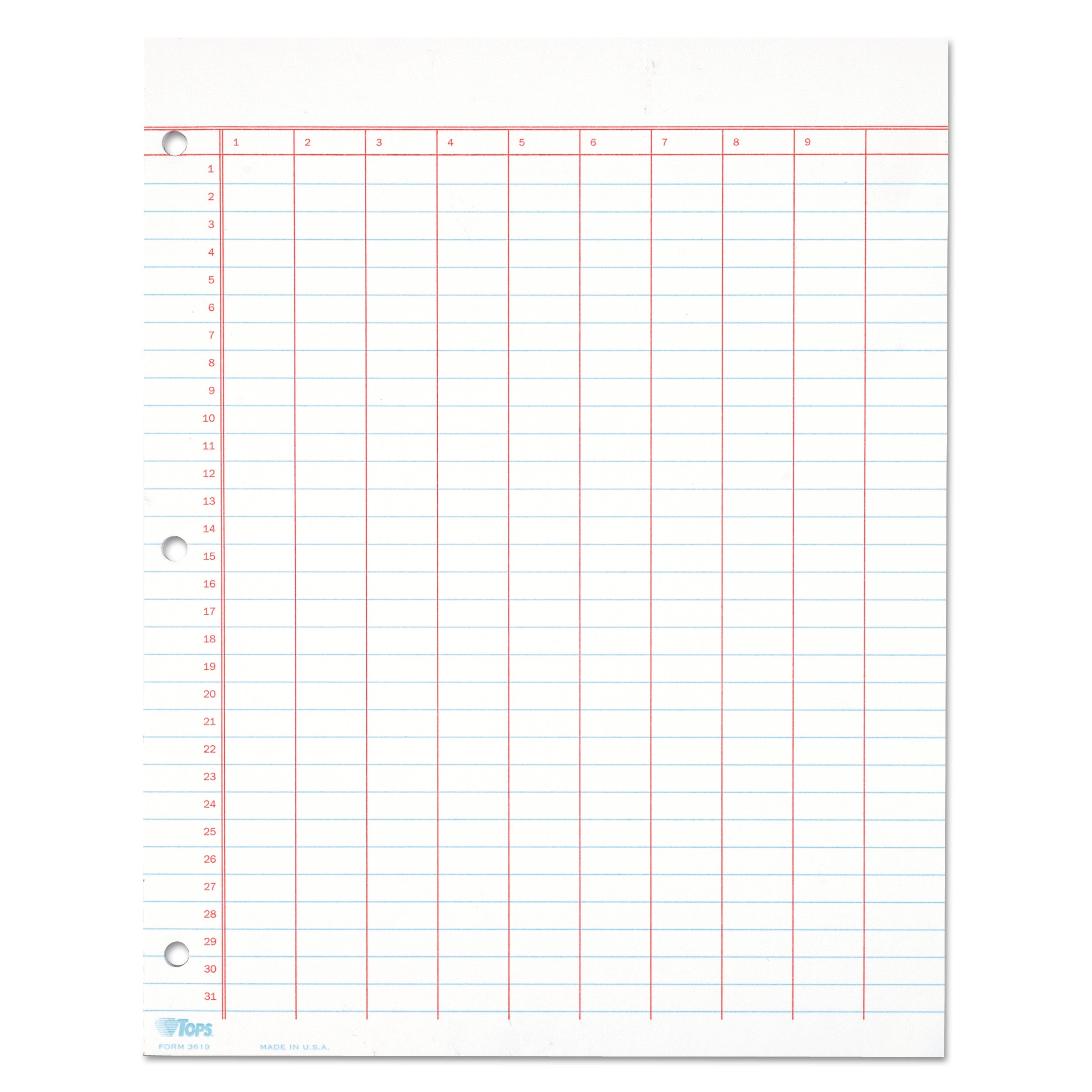 TOPS™ Data Pad with Numbered Column Headings, Data/Lab-Record Format, Wide/Legal Rule, 10 Columns, 8.5 x 11, White, 50 Sheets