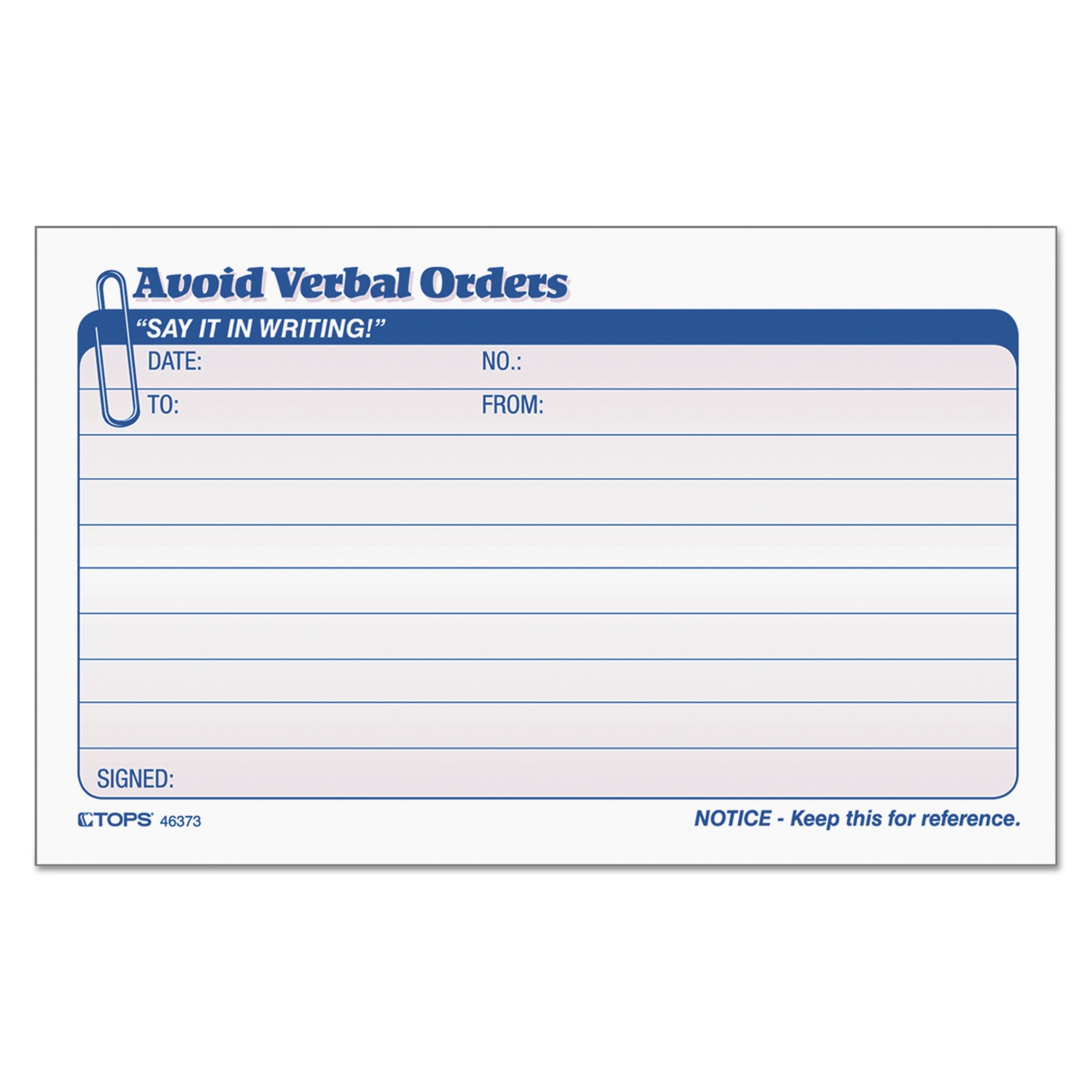 TOPS™ Avoid Verbal Orders Manifold Book, Two-Part Carbonless, 6.25 x 4.25, 50 Forms Total