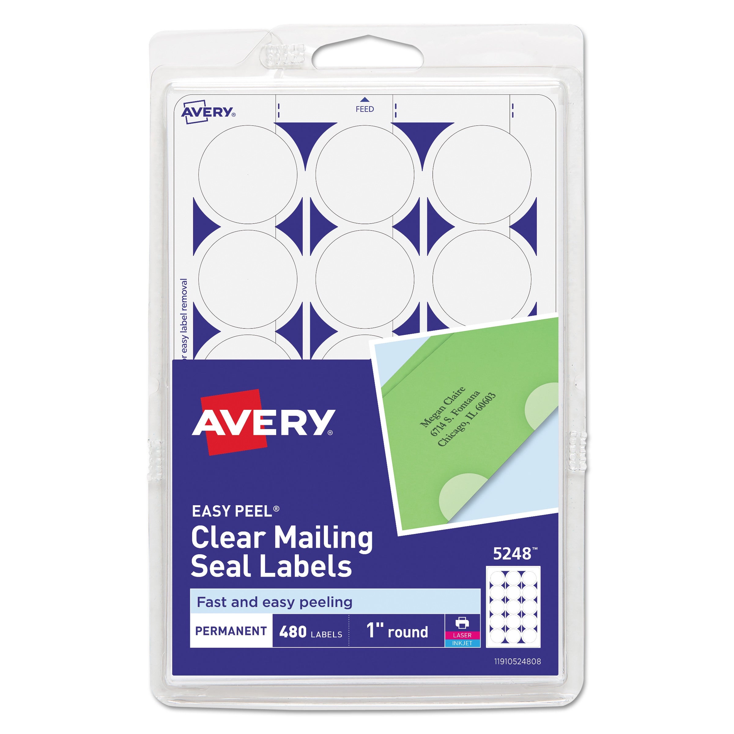 Avery® Printable Mailing Seals, 1" dia, Clear, 15/Sheet, 32 Sheets/Pack, (5248)