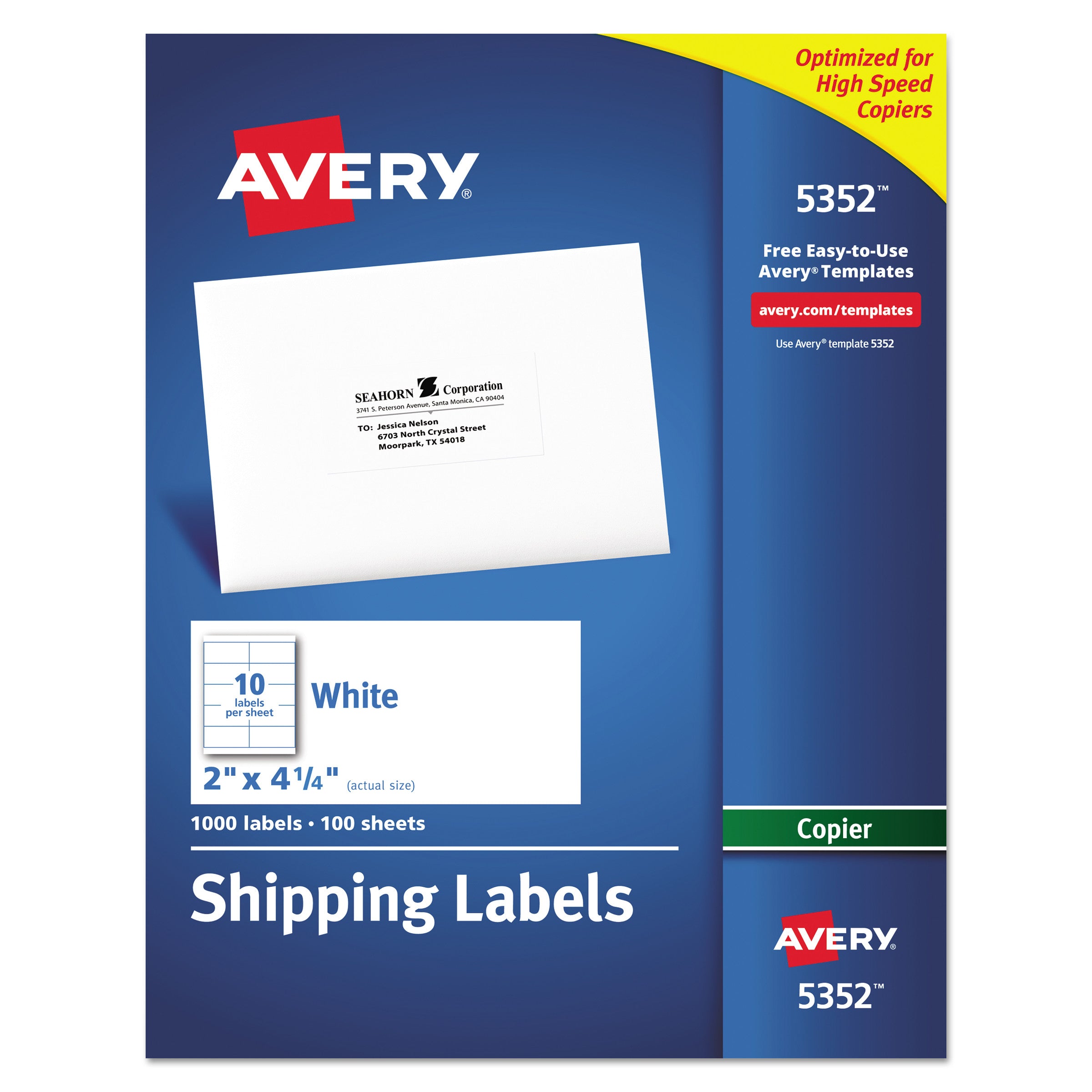 Avery® Copier Mailing Labels, Copiers, 2 X 4.25, White, 10/sheet, 100 Sheets/box
