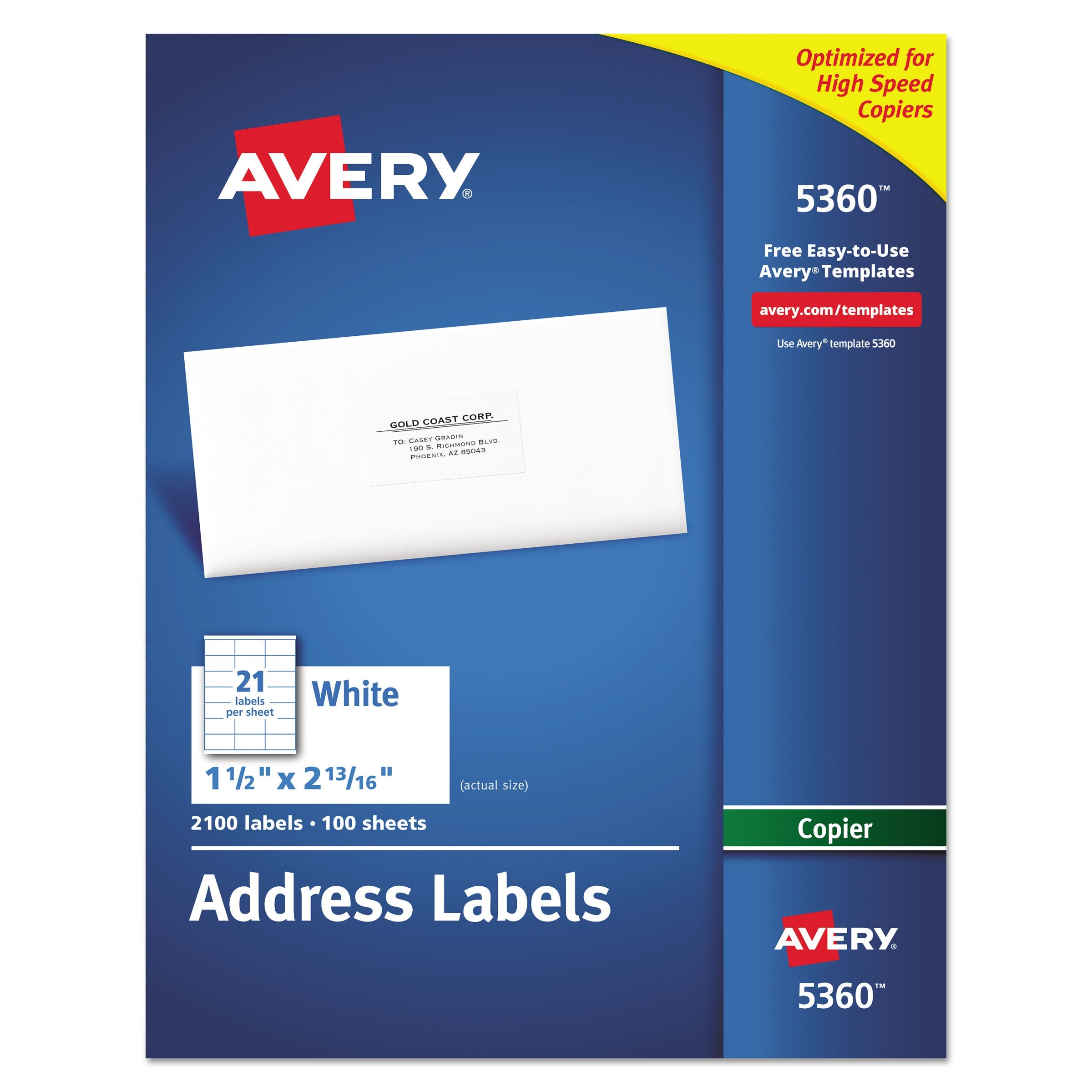 Avery® Copier Mailing Labels, Copiers, 1.5 X 2.81, White, 21/sheet, 100 Sheets/box