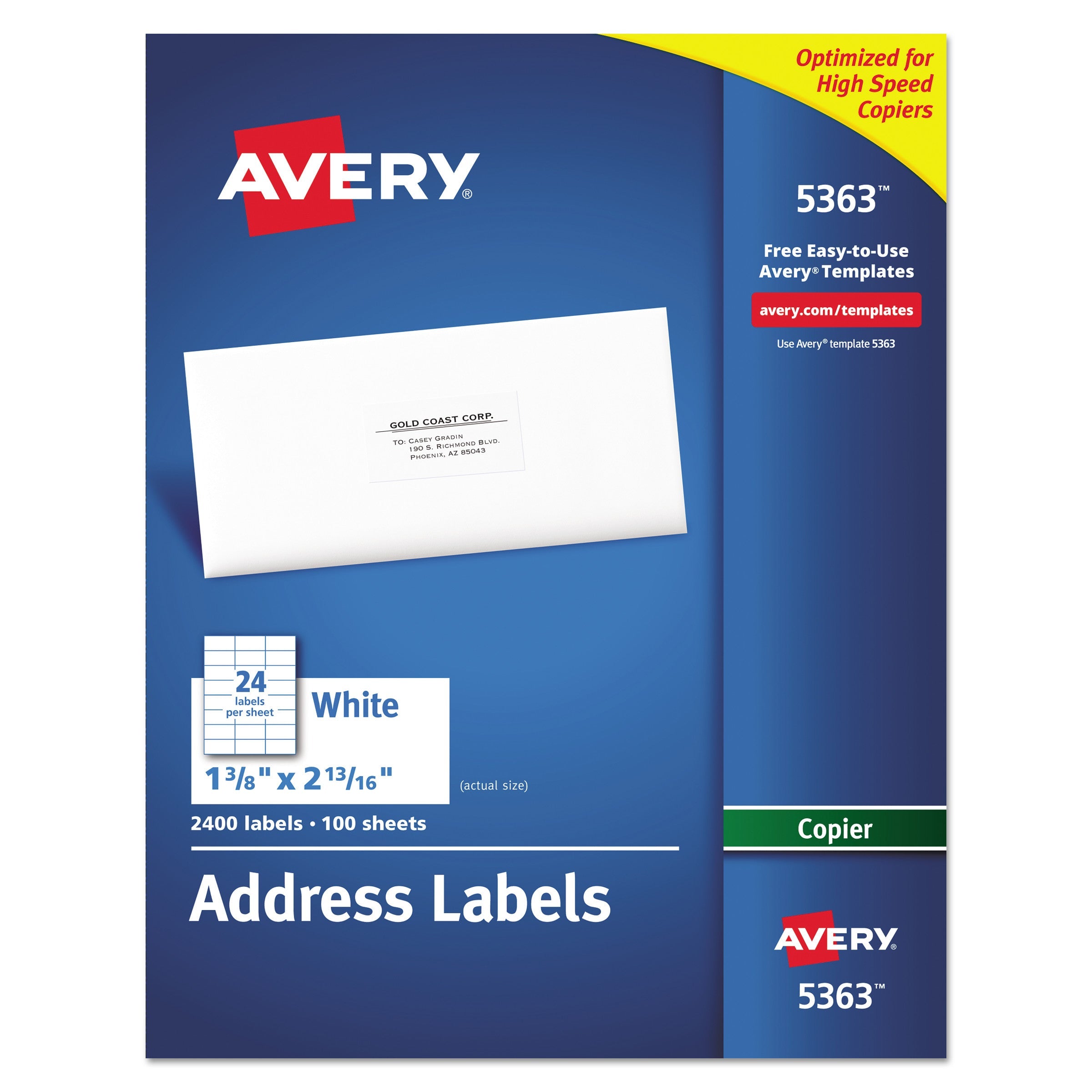 Avery® Copier Mailing Labels, Copiers, 1.38 X 2.81, White, 24/sheet, 100 Sheets/box
