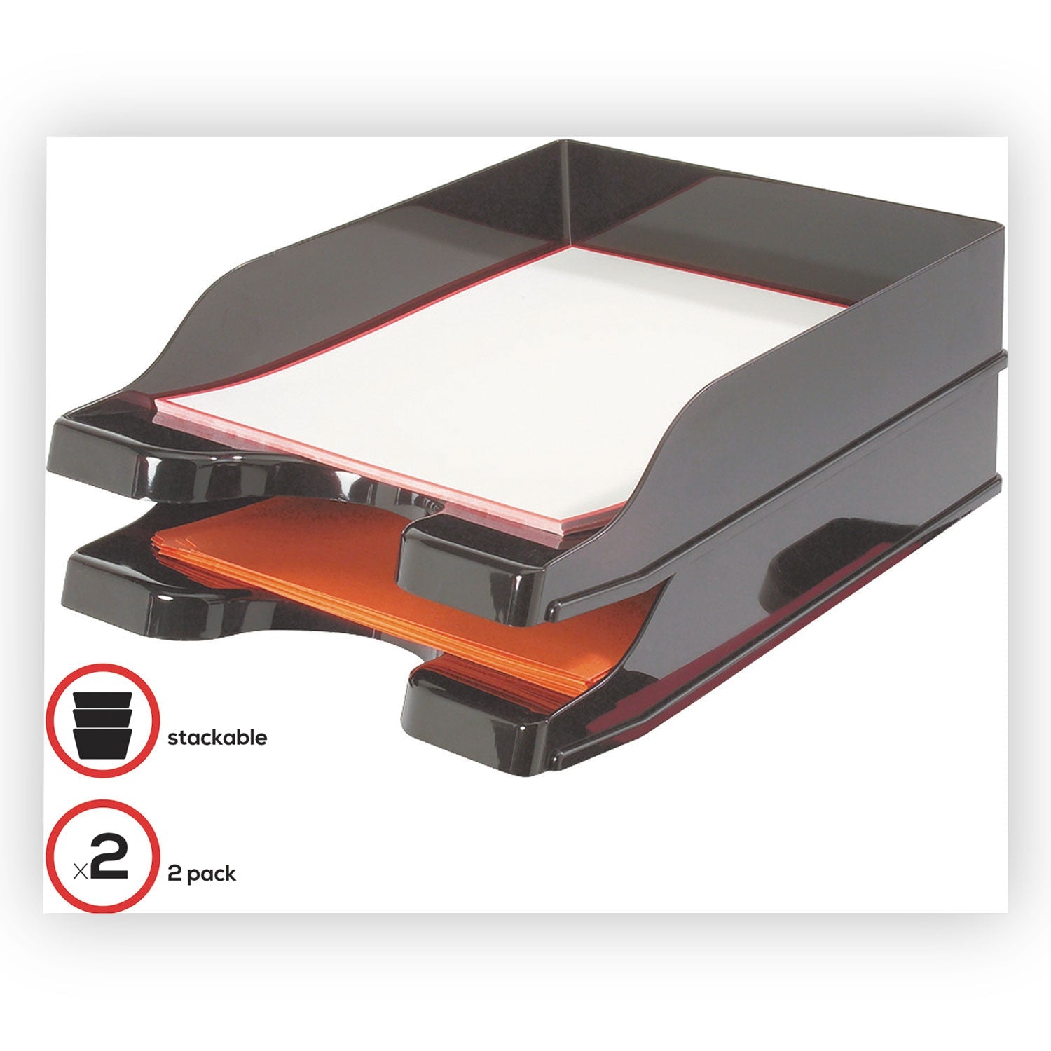 deflecto® Docutray Multi-Directional Stacking Tray Set, 2 Sections, Letter To Legal Size Files, 10.13" X 13.63" X 2.5", Black, 2/pack
