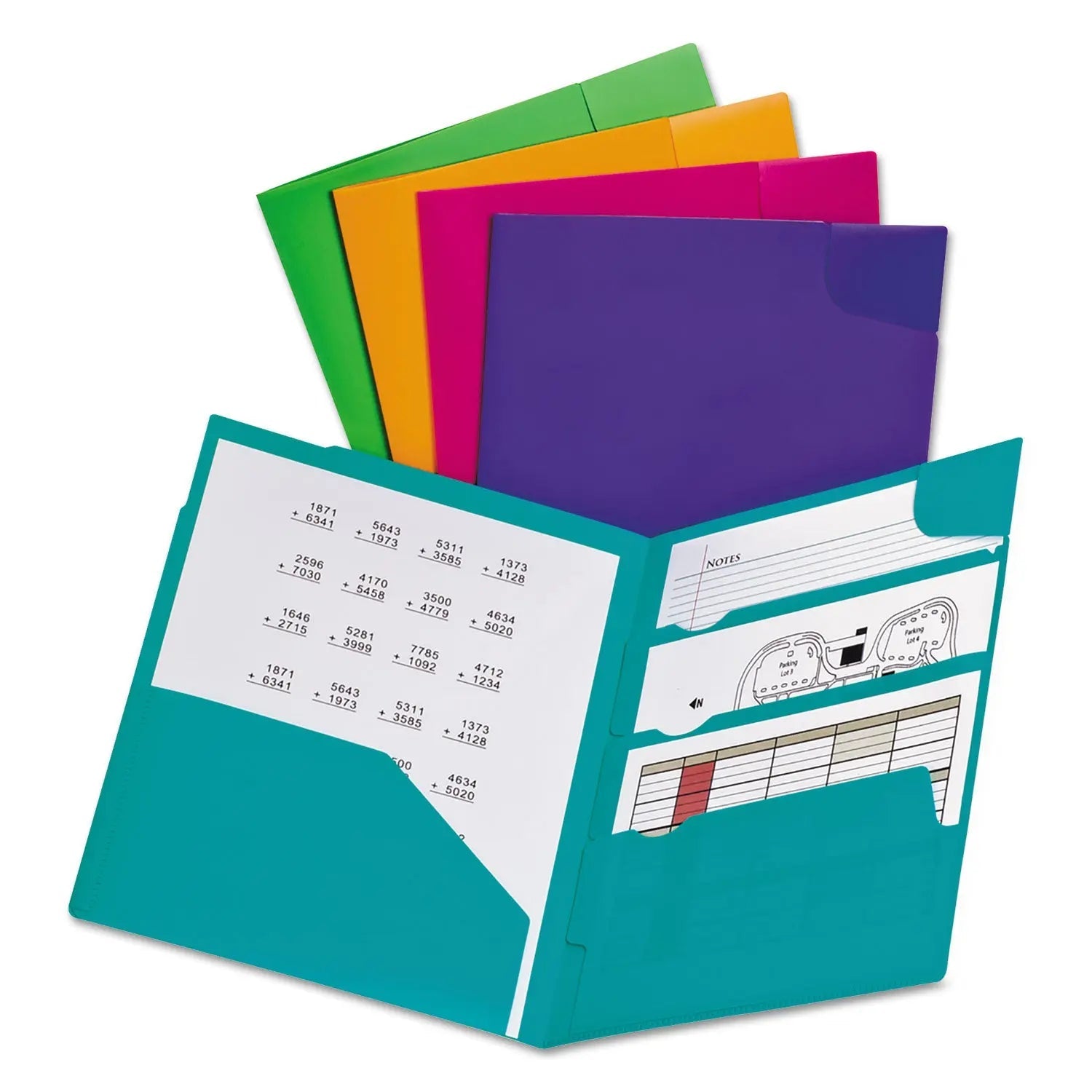 Oxford™ Divide It Up Four-Pocket Poly Folder, 110-Sheet Capacity, 11 x 8.5, Randomly Assorted Colors - Bloom Skins