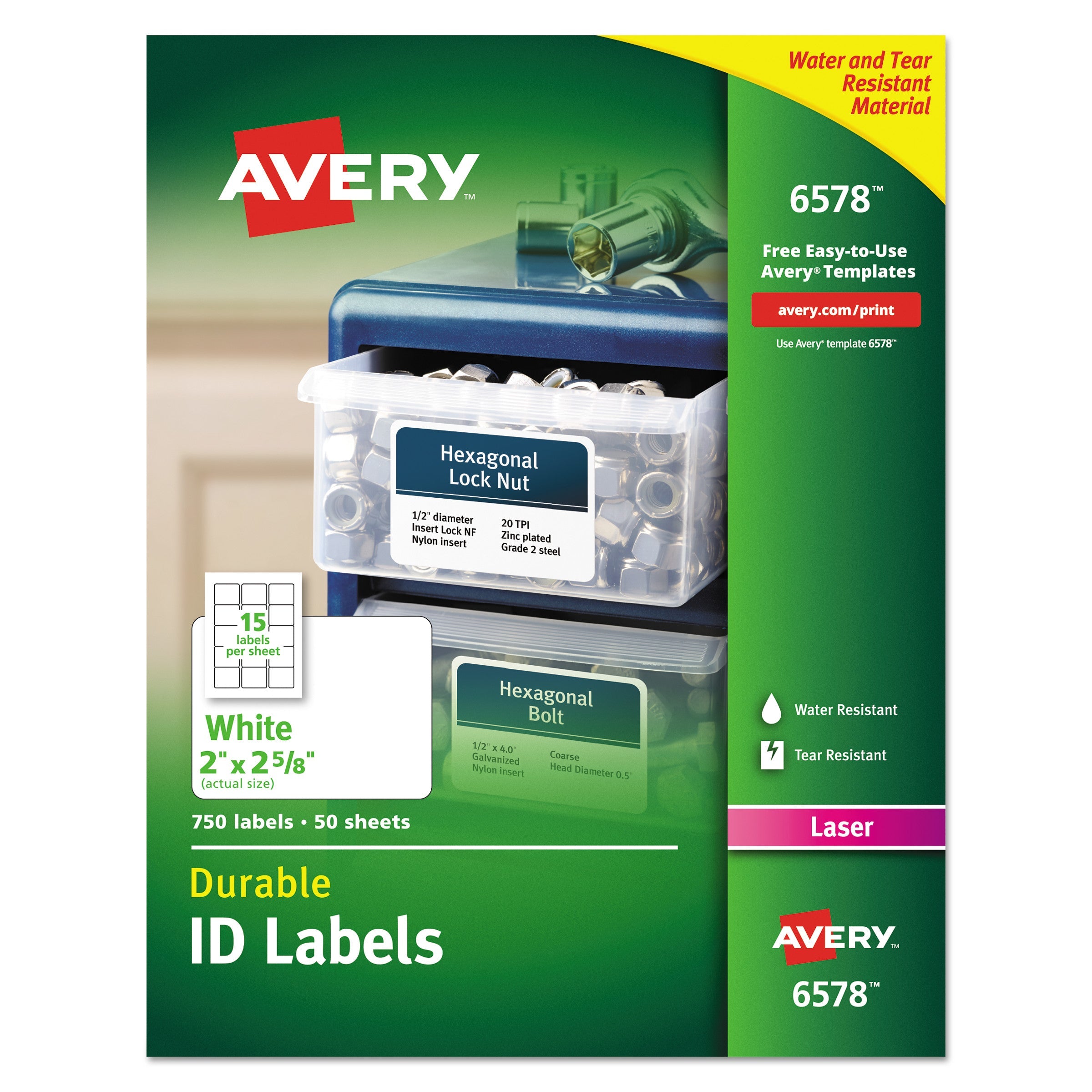 Avery® Durable Permanent Id Labels With Trueblock Technology, Laser Printers, 2 X 2.63, White, 15/sheet, 50 Sheets/pack