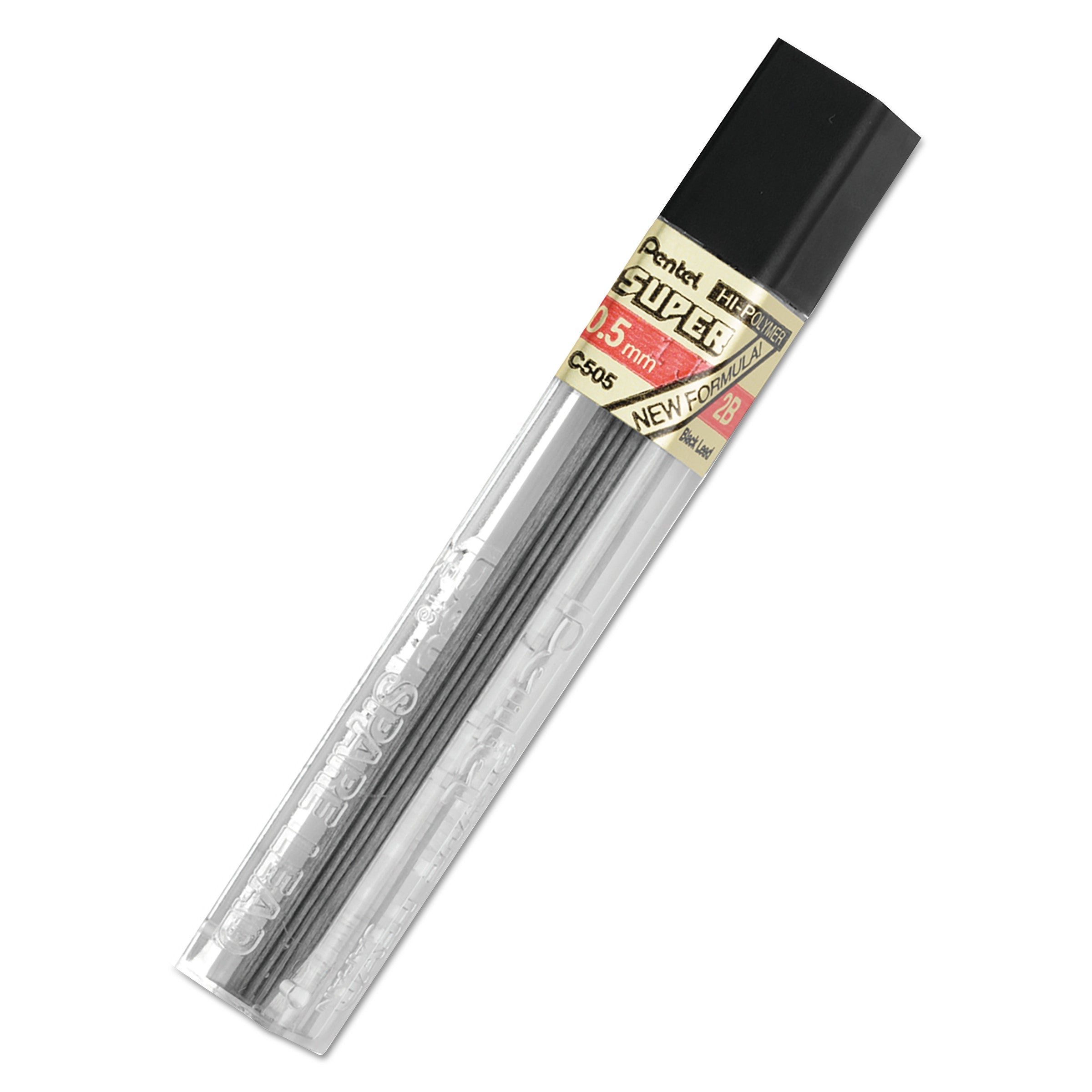 Pentel® Super Hi-Polymer Lead Refills, 0.5 Mm, 2b, Black, 12/tube