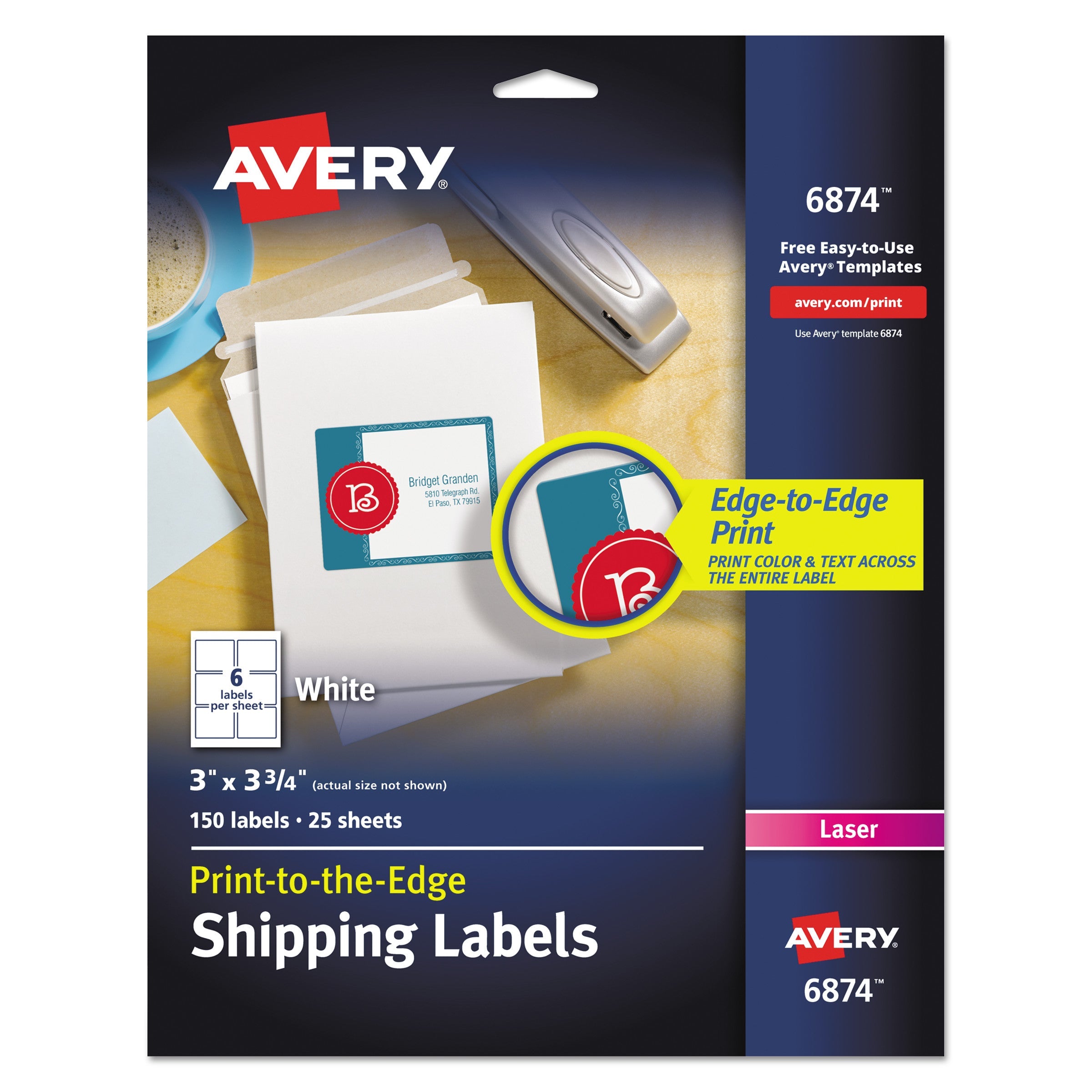Avery® Vibrant Laser Color-Print Labels w/ Sure Feed, 3 x 3.75, White, 150/PK