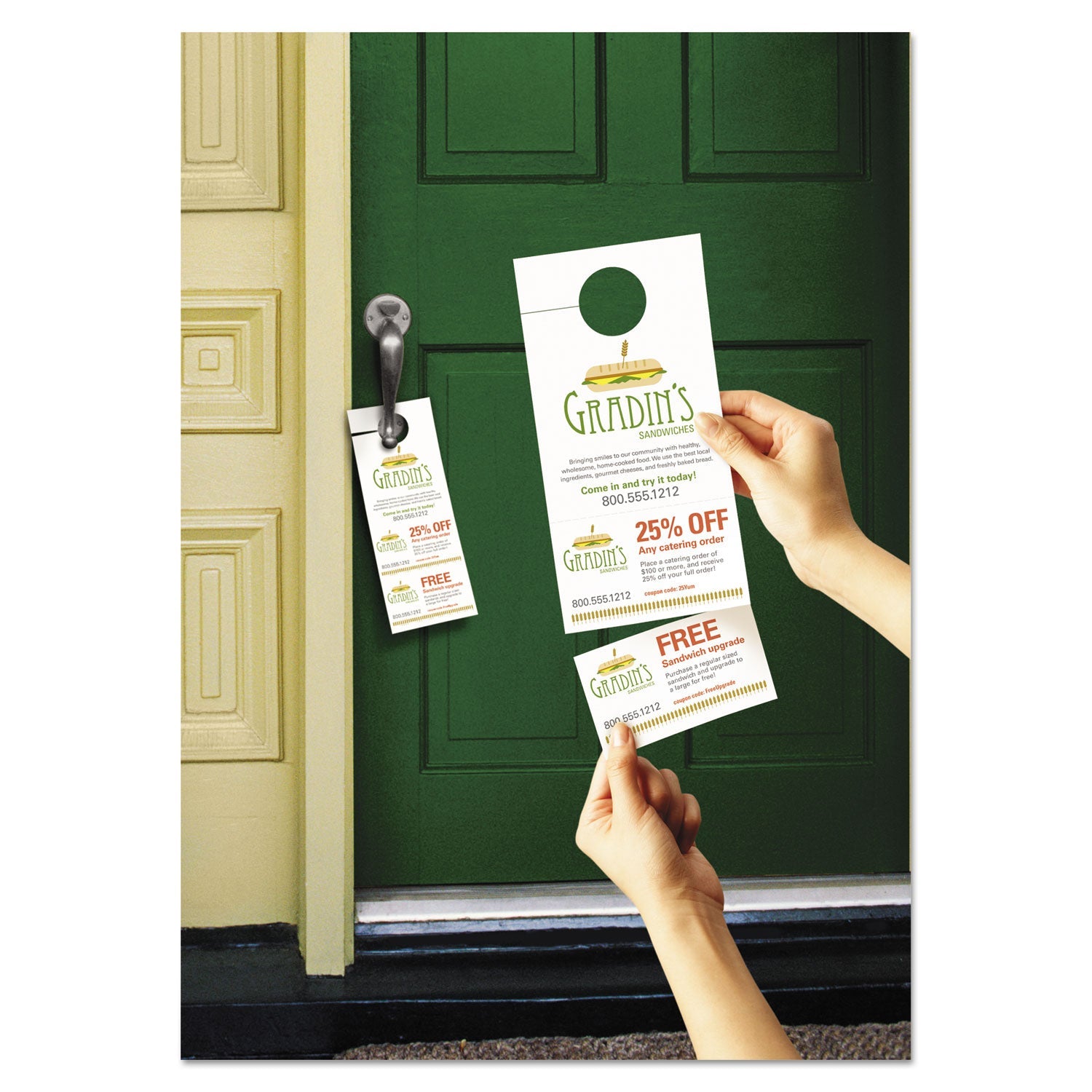 Avery® Door Hanger with Tear-Away Cards, 97 Bright, 65 lb Cover Weight, 4.25 x 11, White, 2 Hangers/Sheet, 40 Sheets/Pack