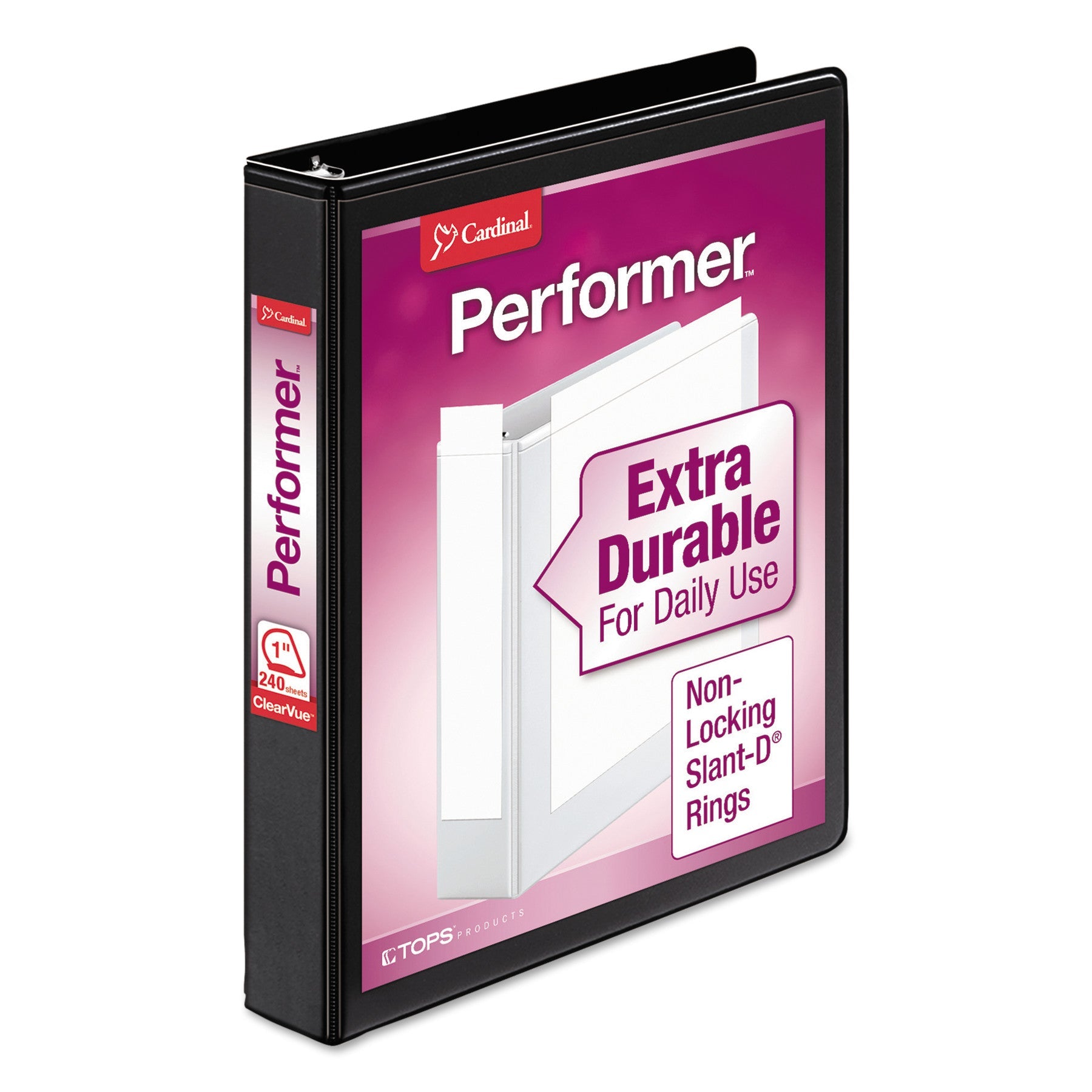 Cardinal® Performer Clearvue Slant-D Ring Binder, 3 Rings, 1" Capacity, 11 X 8.5, Black