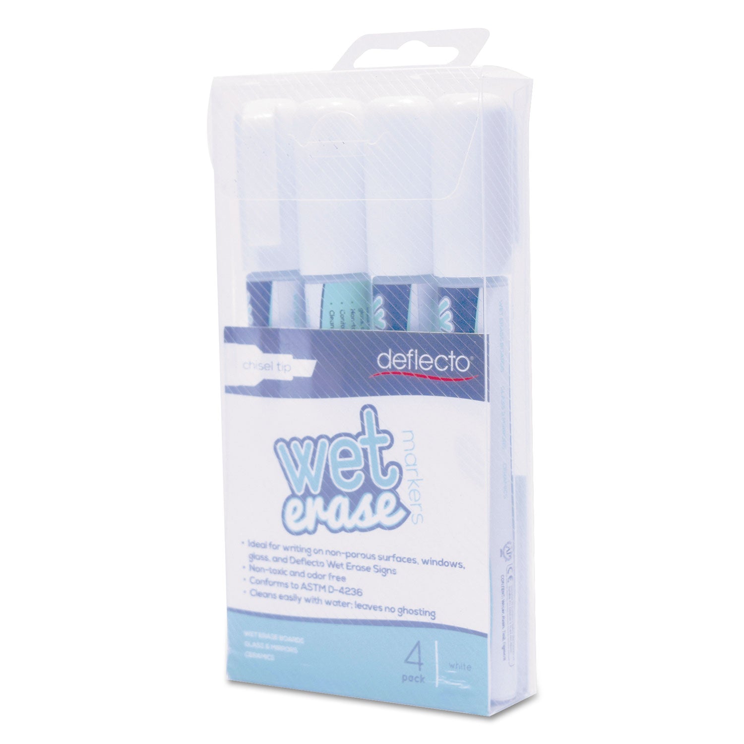deflecto® Wet Erase Markers, Medium Chisel Tip, White, 4/pack