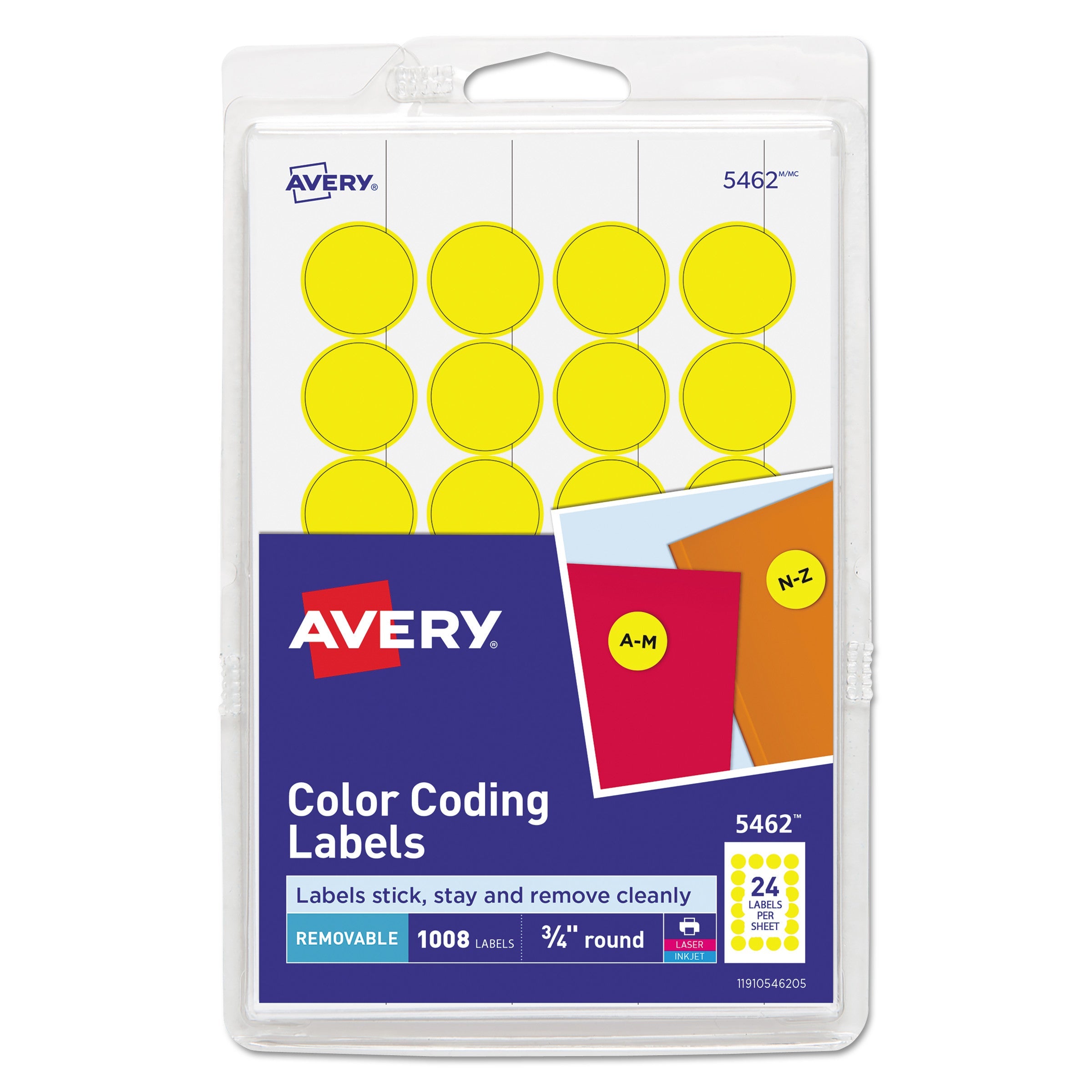 Avery® Printable Self-Adhesive Removable Color-Coding Labels, 0.75" dia, Yellow, 24/Sheet, 42 Sheets/Pack, (5462)