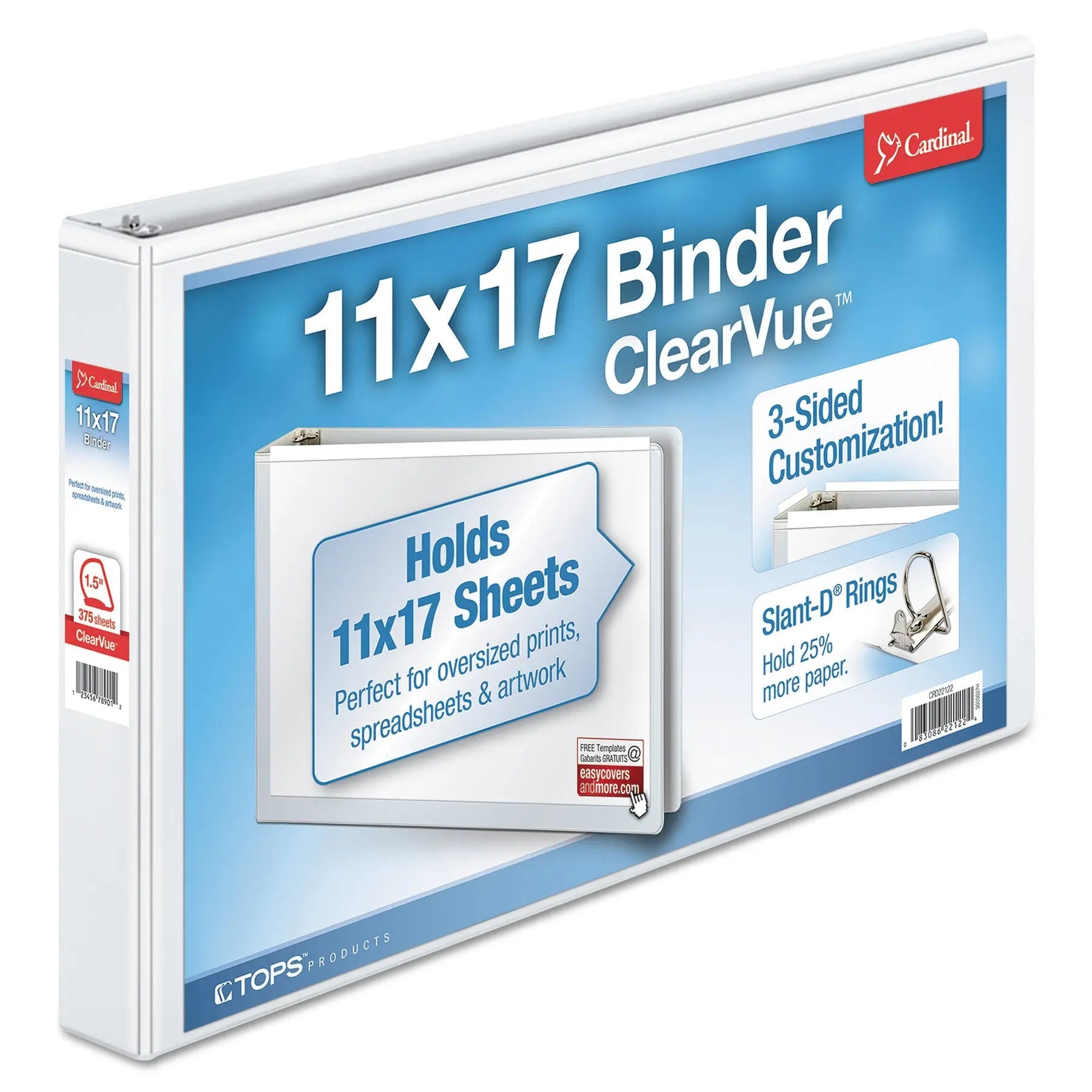 Cardinal® Clearvue Slant-D Ring Binder, 3 Rings, 1.5" Capacity, 11 X 17, White