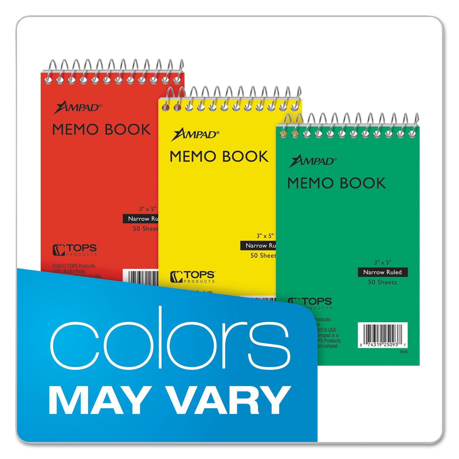 Ampad® Memo Pads, Narrow Rule, Randomly Assorted Cover Colors, 50 White 3 X 5 Sheets