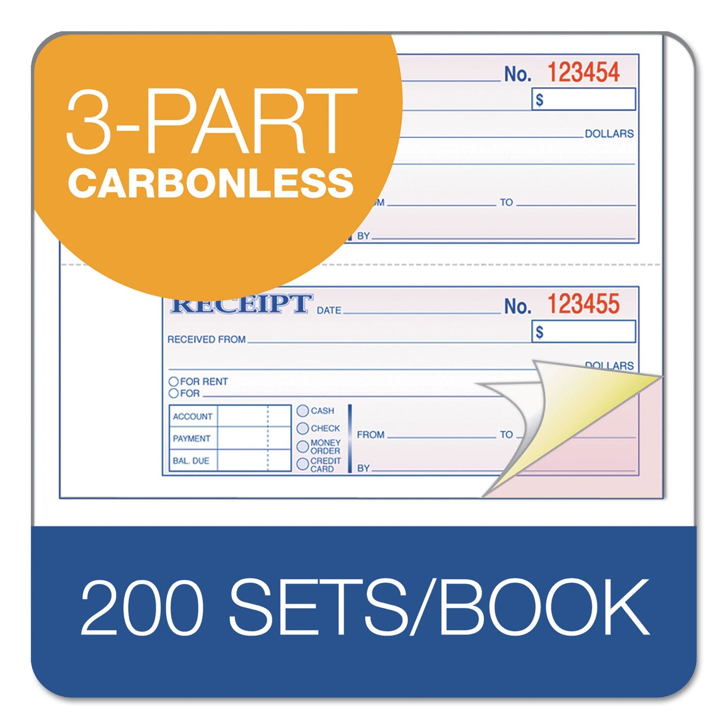 Adams® Multipart Money/Rent Receipt Book, Casebound (Hard Cover), Three-Part Carbonless, 7 x 2.75, 4 Forms/Sheet, 200 Forms Total