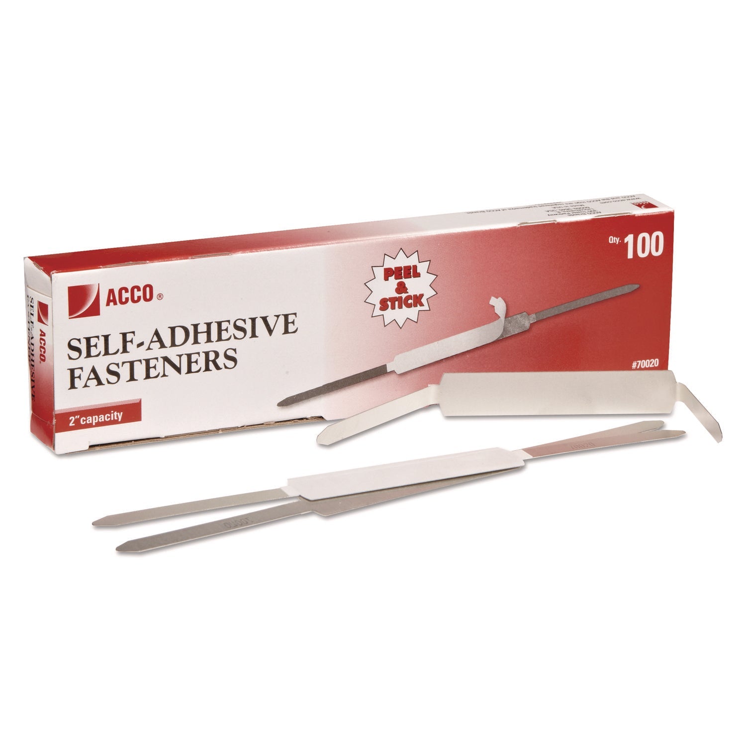 ACCO Self-Adhesive Two-Prong Paper Fastener Bases, 2" Capacity, 2.75" Center to Center, Matte Steel, 100/Box