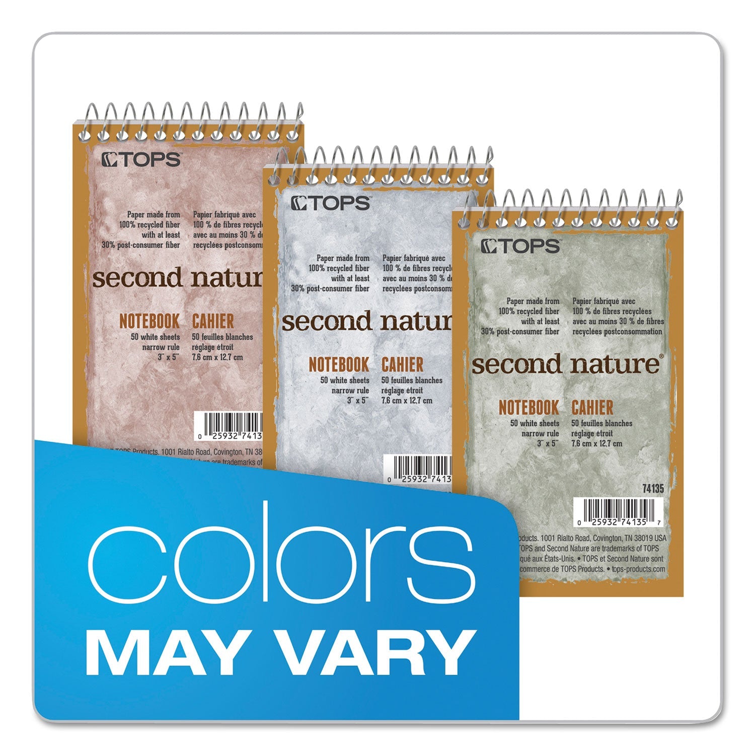 TOPS™ Second Nature Wirebound Notepads, Narrow Rule, Randomly Assorted Cover Colors, 50 White 3 X 5 Sheets