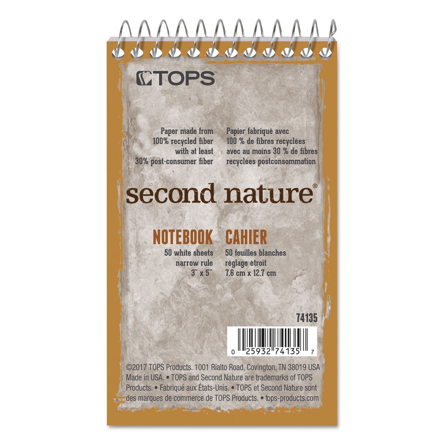 TOPS™ Second Nature Wirebound Notepads, Narrow Rule, Randomly Assorted Cover Colors, 50 White 3 X 5 Sheets