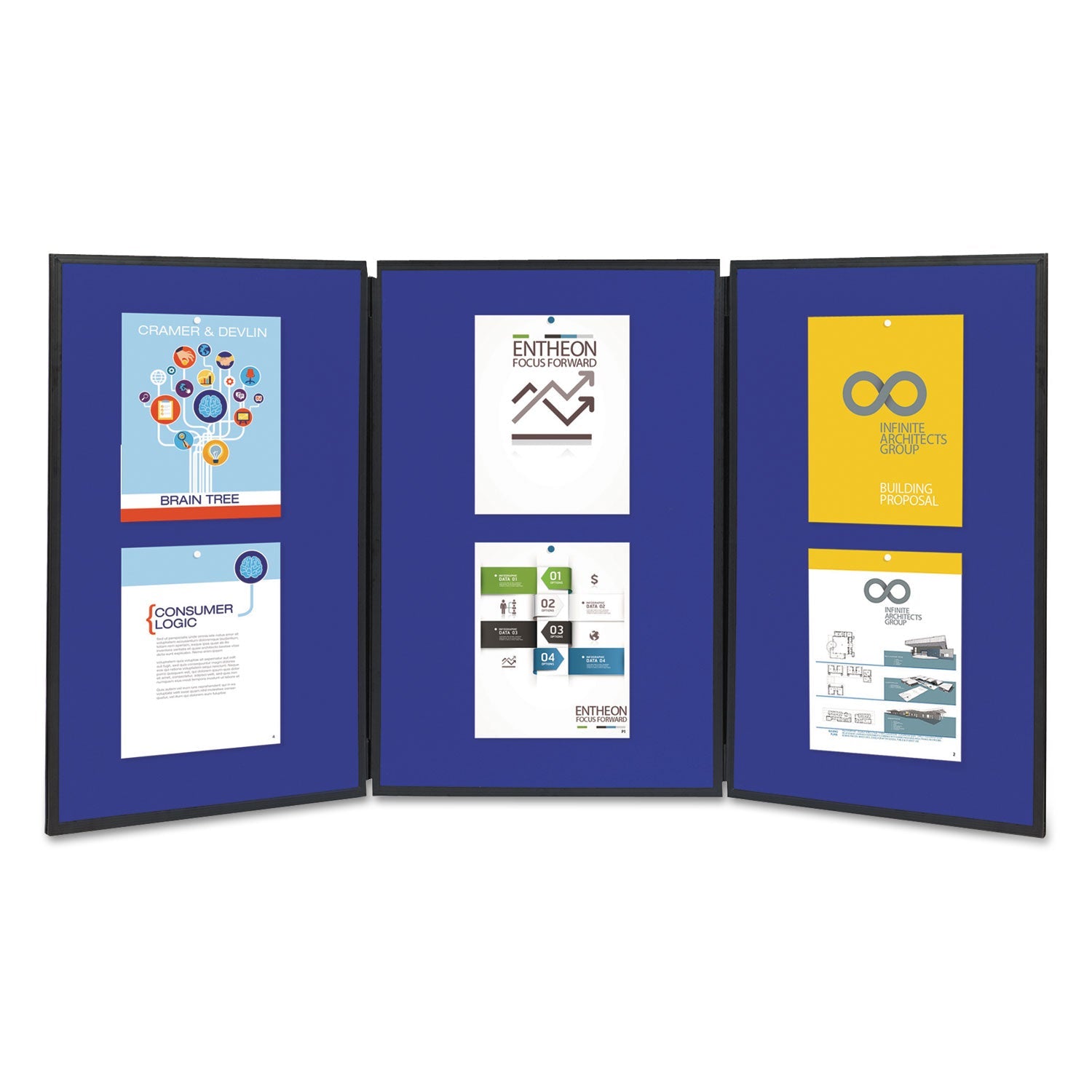 Quartet® Show-It! Three-Panel Display System, 72" x 36", Blue/Gray Surface, Black PVC Frame