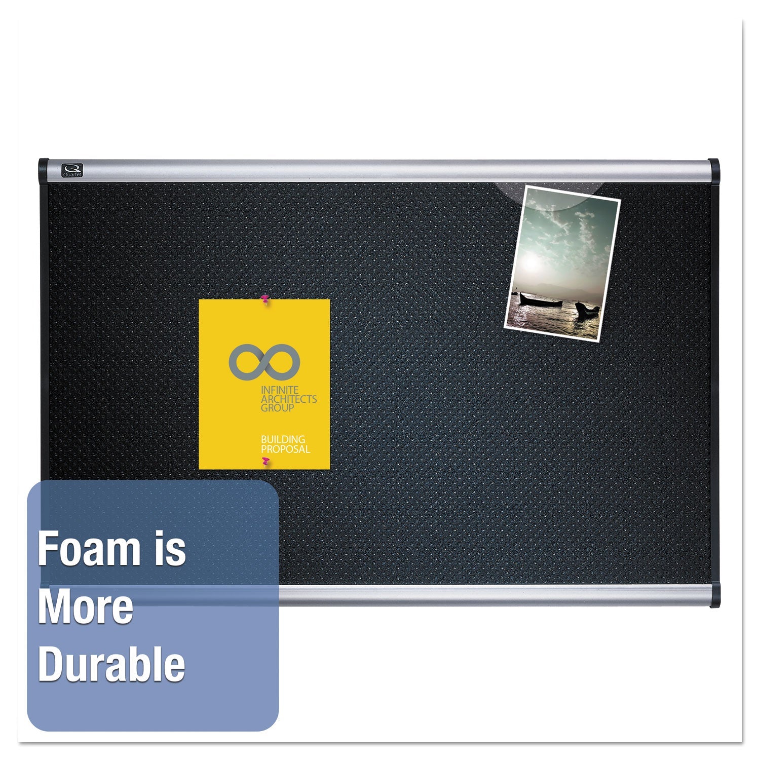 Quartet® Prestige Black Embossed Foam Bulletin Board, 72" x 48", Black Surface, Silver Aluminum/Plastic Frame
